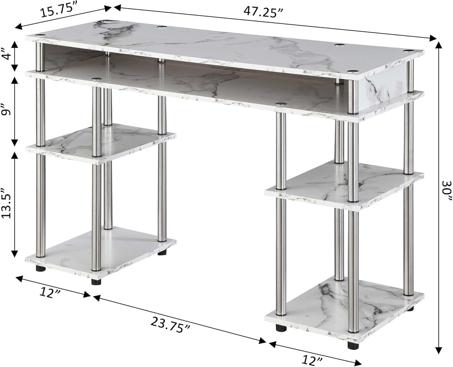 Convenience Concepts Designs2Go No Tools Desk Home Office Desk with Shelves, Corner Shelf Vanity Desk Computer Desk Nail Table for Nail Tech - 47.25" L x 15.75" W x 30" H, White Faux Marble