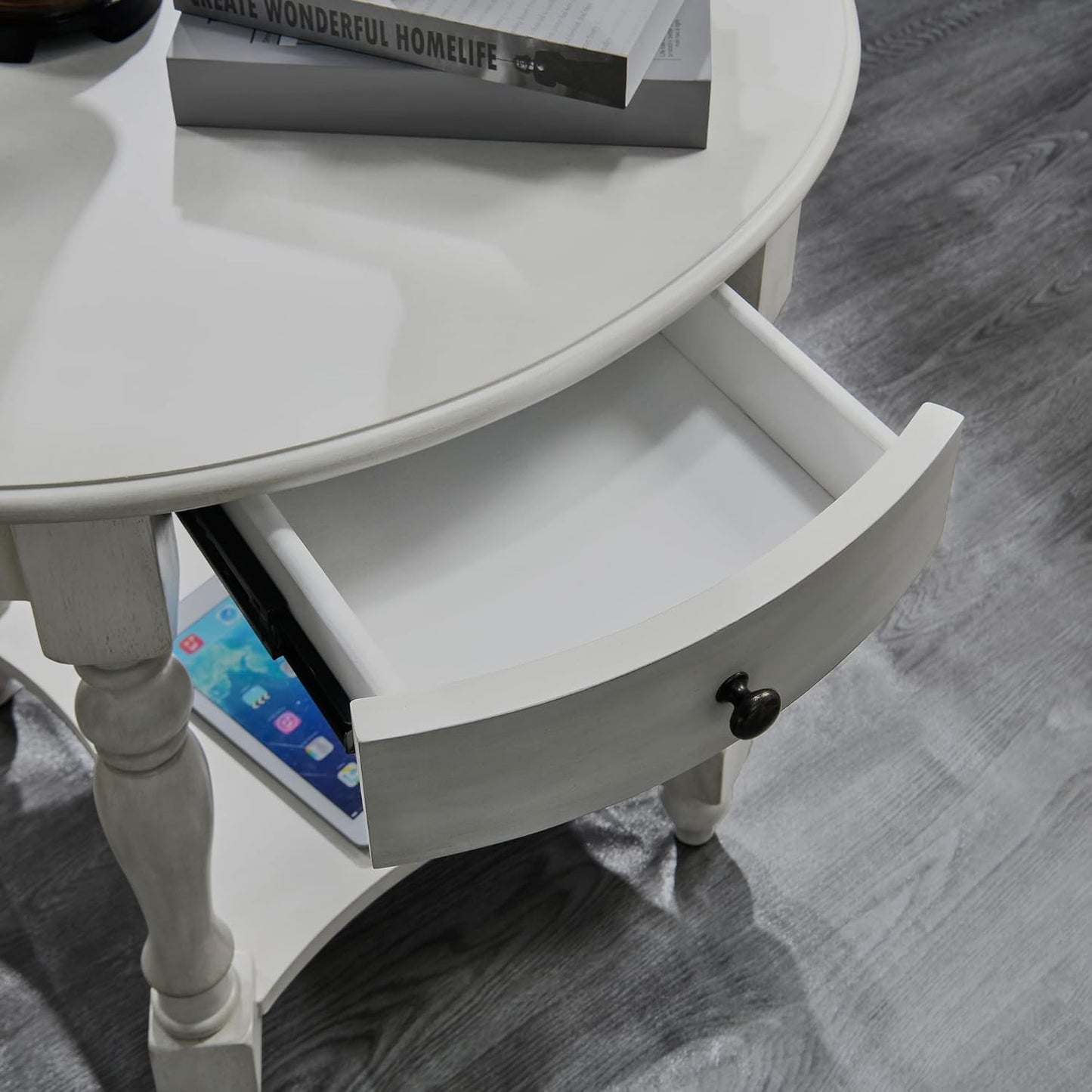 LEEMTORIG Oval Round End Table with Drawer, 2-Tier Solid Wood End Tables, Victorian Antique Nightstand Bedside Table for Bedroom, 28" W x 22" D x 24.2" H, Grey White (not Pure White), CJZ-2233-RW