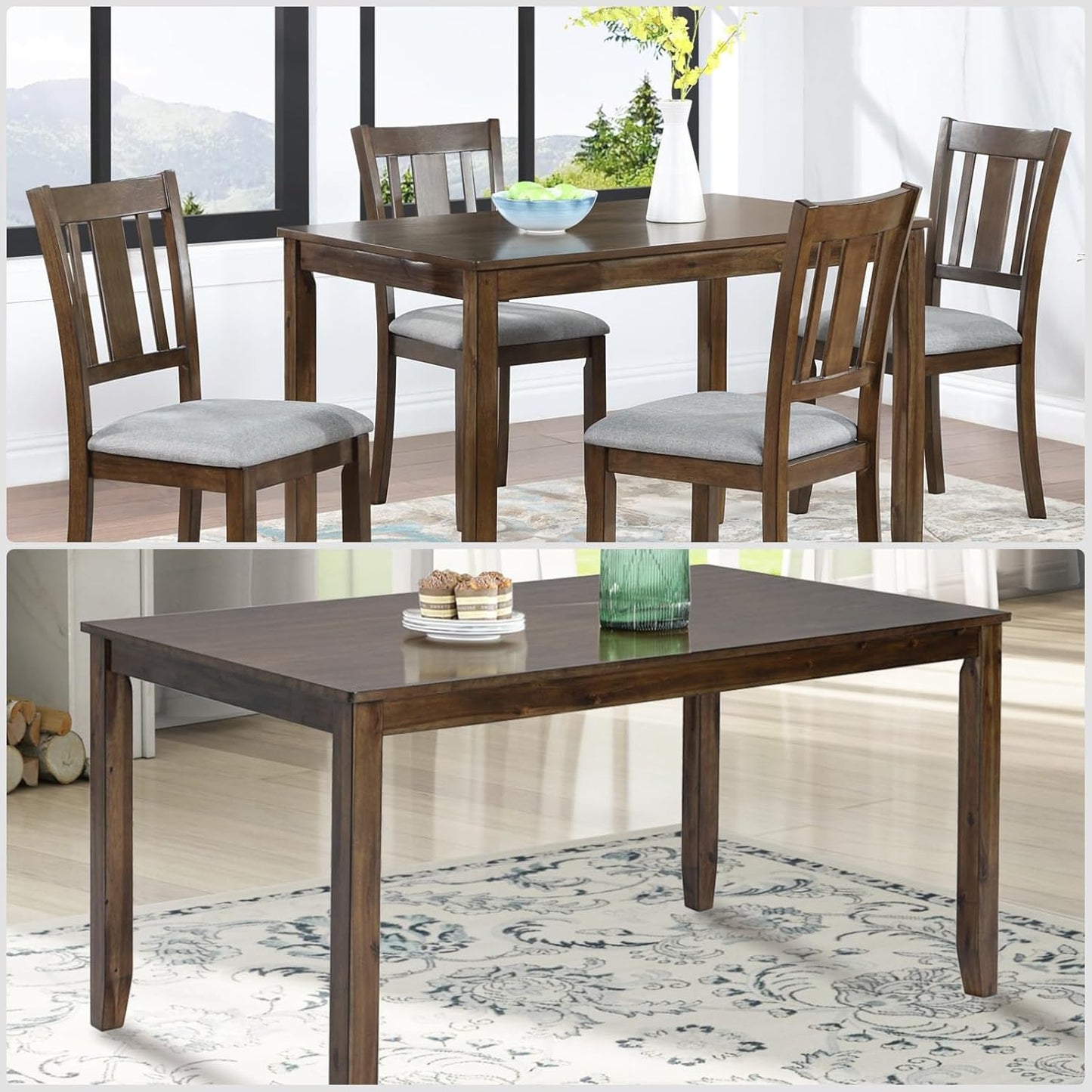 Dining Table for 4, Wooden Rectangular Kitchen Table with Natural Woodgrain Finish, 45.5" MDF Modern Dining Table with Solid Wood Tapered Legs and Rounded Corners, Easy Assembly, Walnut