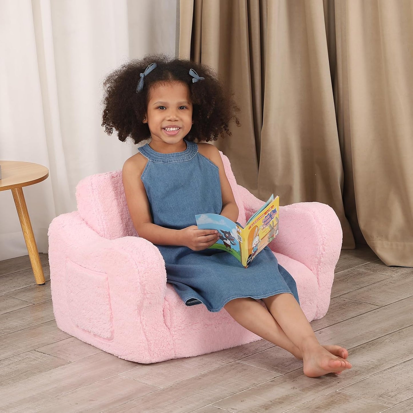 Comfy Toddler Chair, 2-in-1 Toddler Couch Fold Out, Convertible Sherpa Sofa to Lounger for Boys & Girls, Pink
