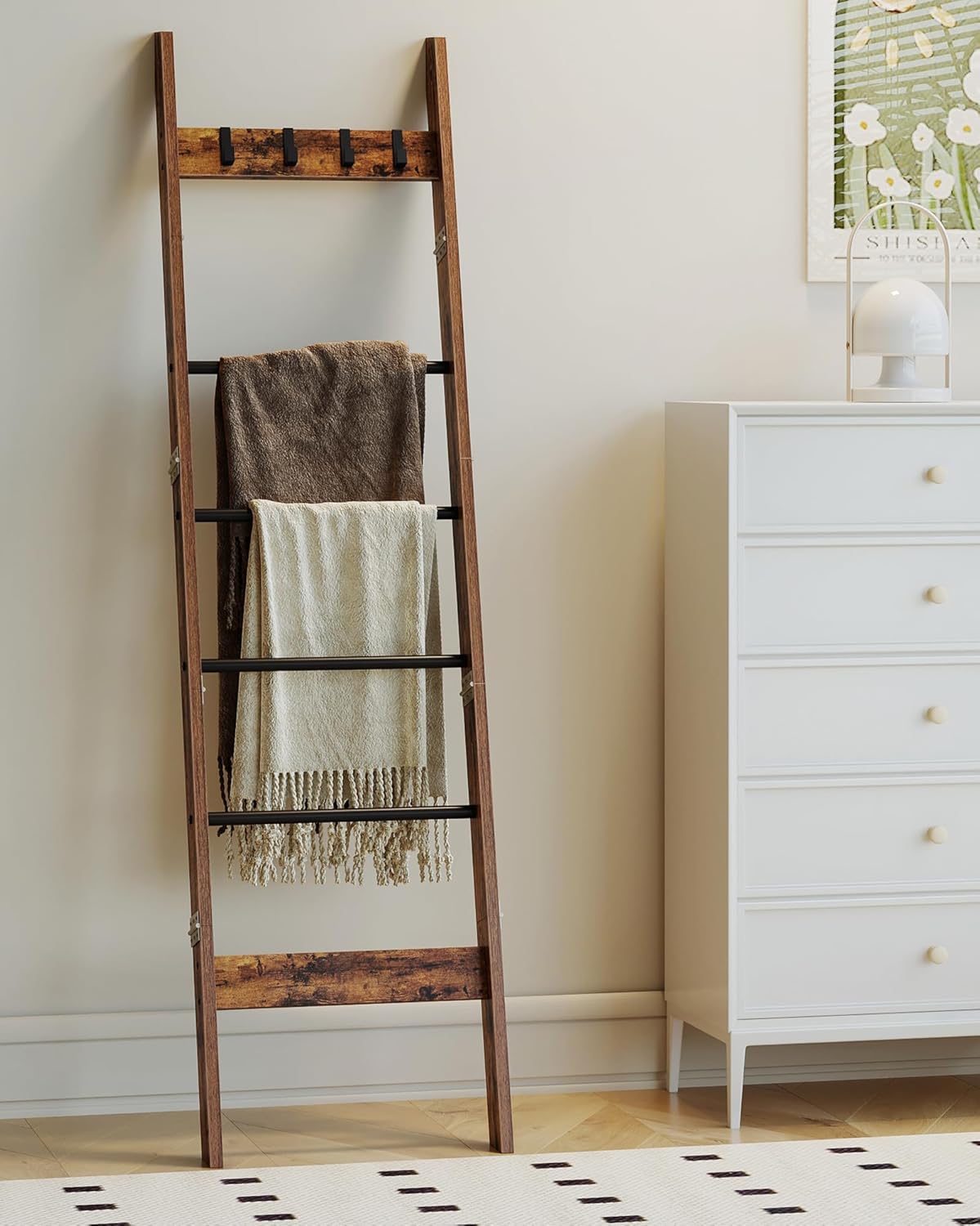 Blanket Ladder for Living Room, Decorative Quilt Rack with 4 Removable Hooks, 5-Tier Farmhouse Ladder Holder Shelf Organizer for Bedroom, Rustic Brown and Black BR31501B