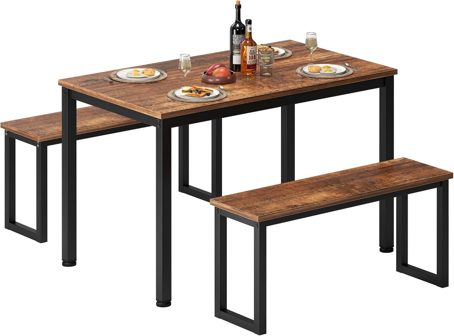 soges 39.4 in Kitchen Table Set with 2 Benches, Dining Table Set for 4, 3 Piece Wooden Industrial Style Dining Room Table and Long Benches, Breakfast Table Coffee Table Set, Retro