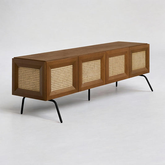 NTC Mossic TV Media Cabinet with 4 Doors for TVs, Entertainment Center with Natural Rattan, Metal Legs, Modern Storage Console for Living Room and Bedroom, Effortless Assembly, Rustic Oak