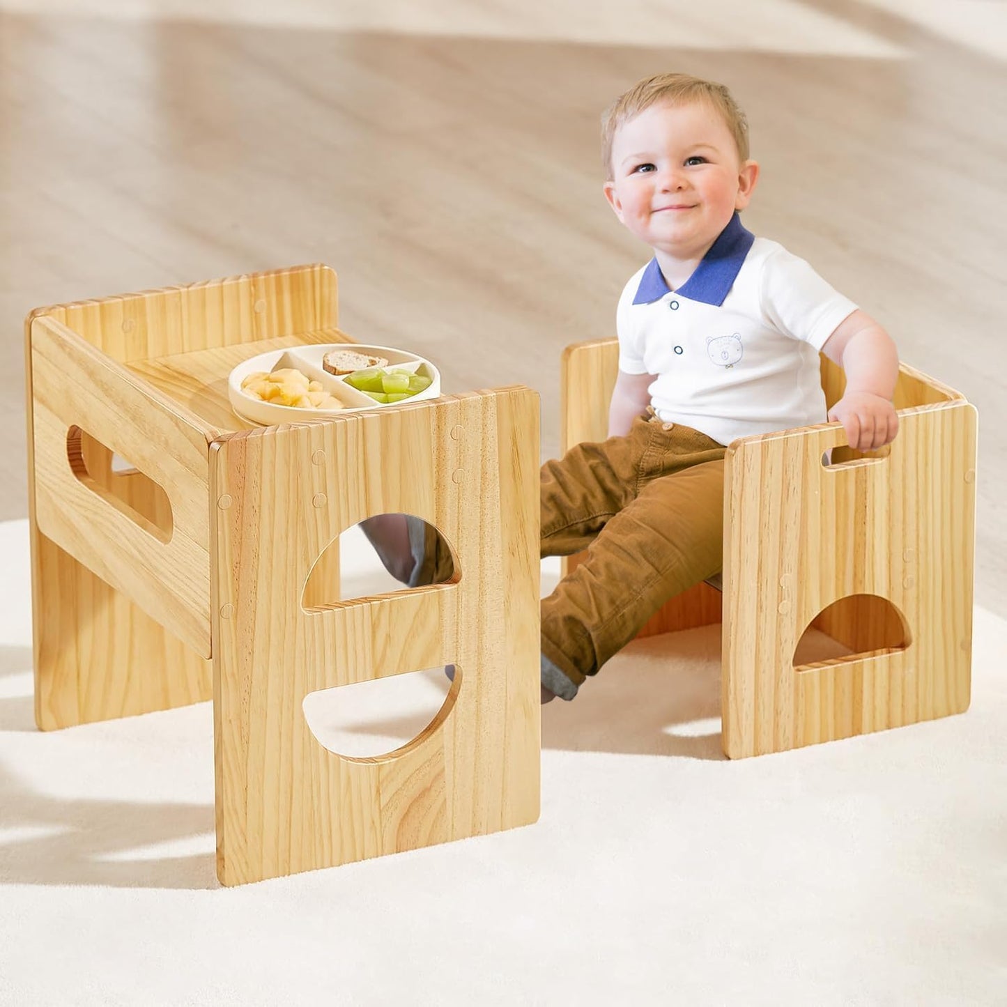FUNLIO Height Adjustable Montessori Table and Chair Set for Age 1-3, Solid Wood Toddler Table and Chair Set, Weaning Baby Table Chair Set for Reading/Eating/Playing, Easy to Assemble - Natural