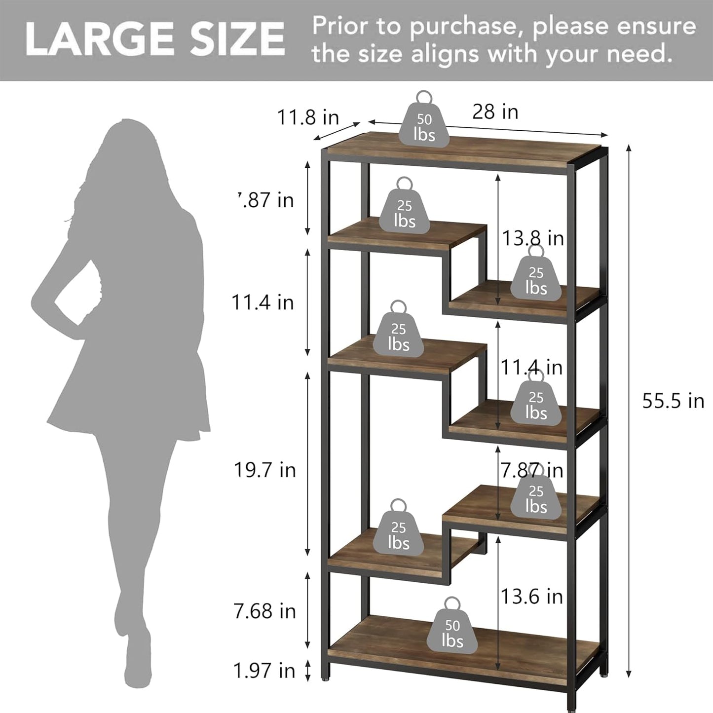 Solid Wood Industrial Tall Bookshelf - 7 Tier Staggered Bookshelves, 55’’H Rustic Brown Vintage Bookcase, Free Standing Open Bookshelf, Shelving Units Organizer for Bedroom Office Living Room.