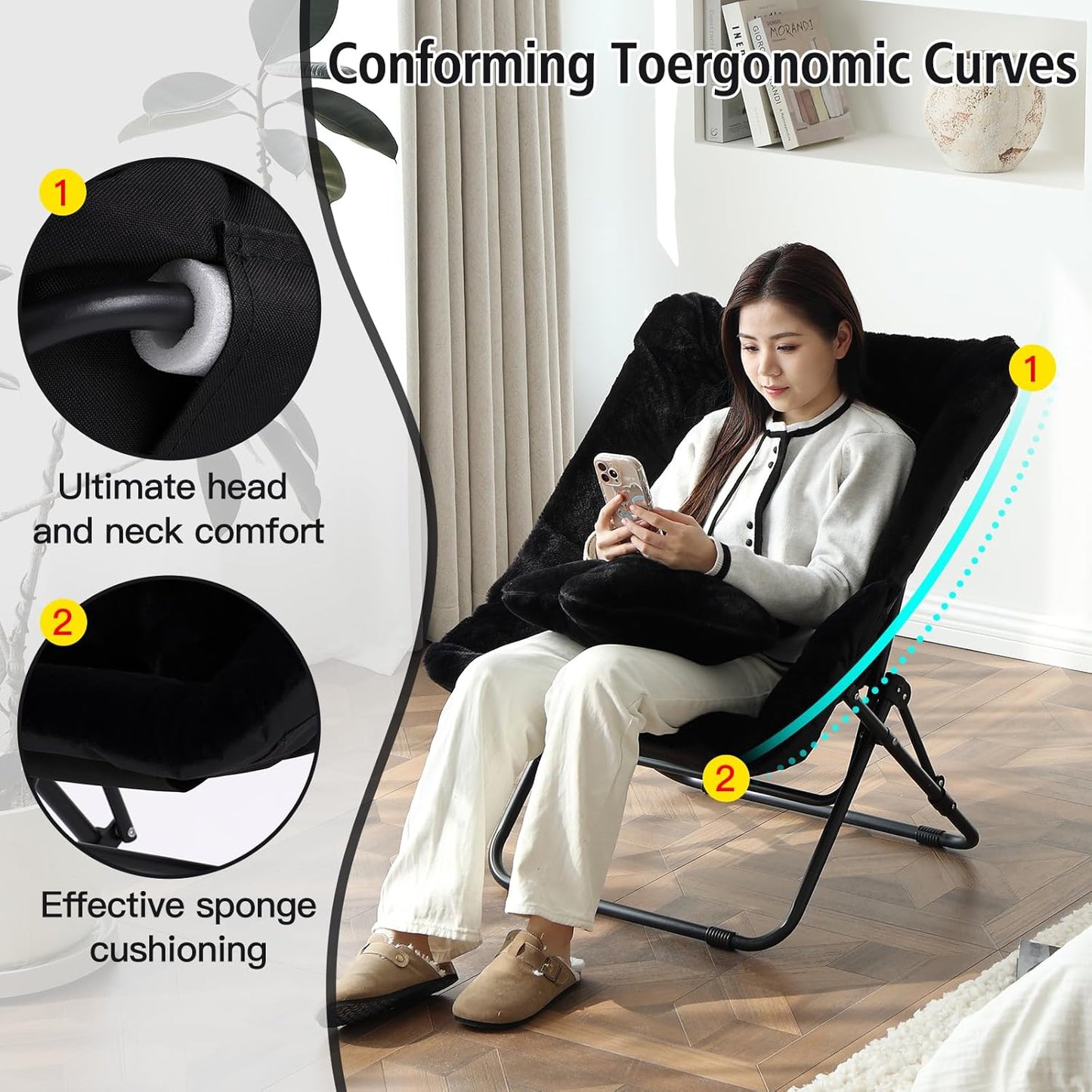 Welnow Comfy Saucer Chair, Oversized Folding Reading Chair for Adults with Throw Pillow Soft Faux Fur Lounge Chair for Bedroom Furry Accent Chair for Living Room, Dorm Rooms, Black