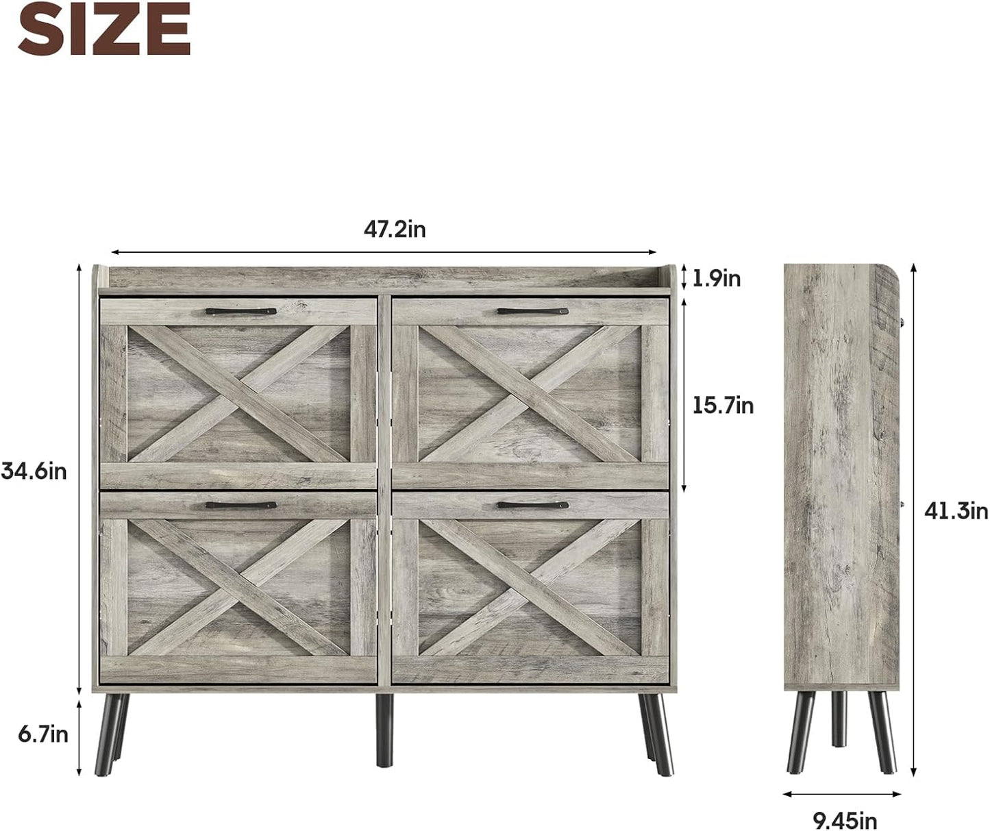 Maupvit Large Shoe Storage Cabinet with 4 Flip Drawers, Narrow Shoe Cabinet for Entryway with Wooden Legs, Freestanding Hidden Shoe Rack Organizer ＆ Metal Hinges, Washed Gray