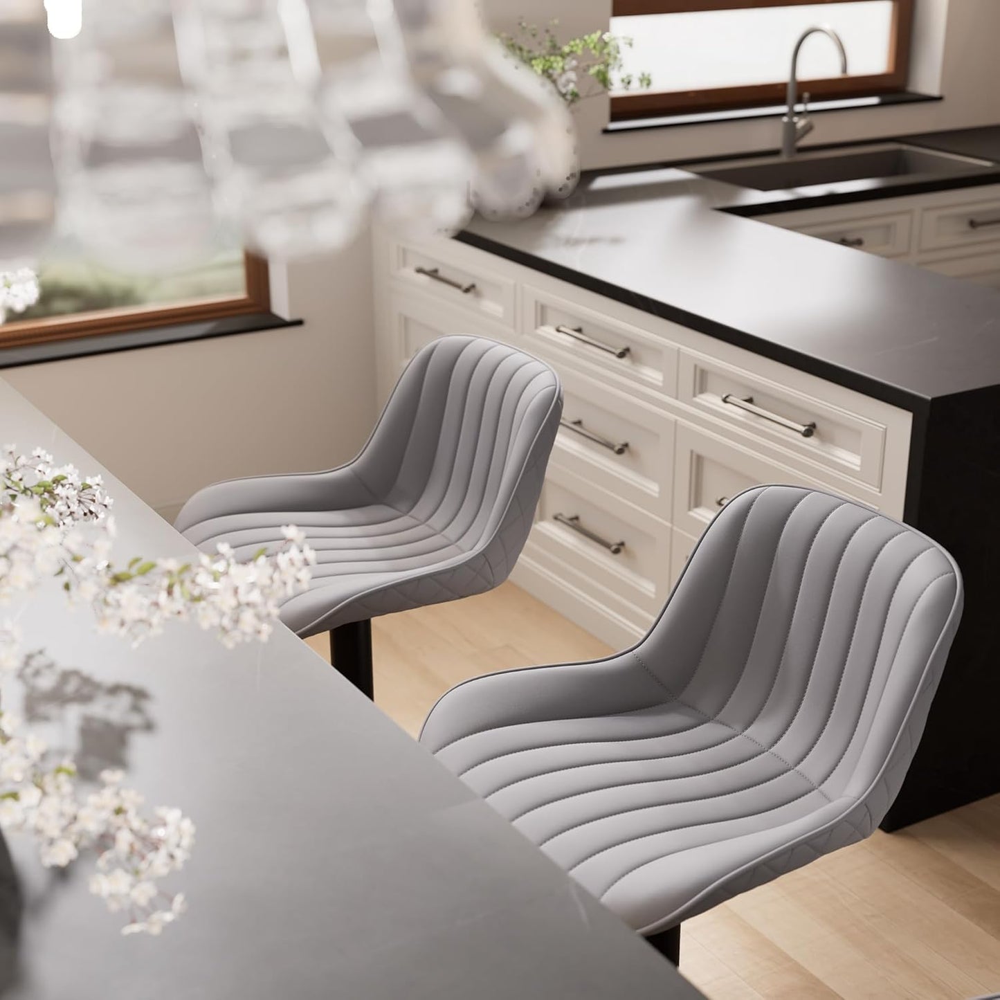 YOUNIKE Grey Bar Stools Set of 2 Kitchen Counter Height Barstools with Backs Modern Swivel Faux Leather Padded Bar Chairs Tall Adjustable Stools for Breakfast Island