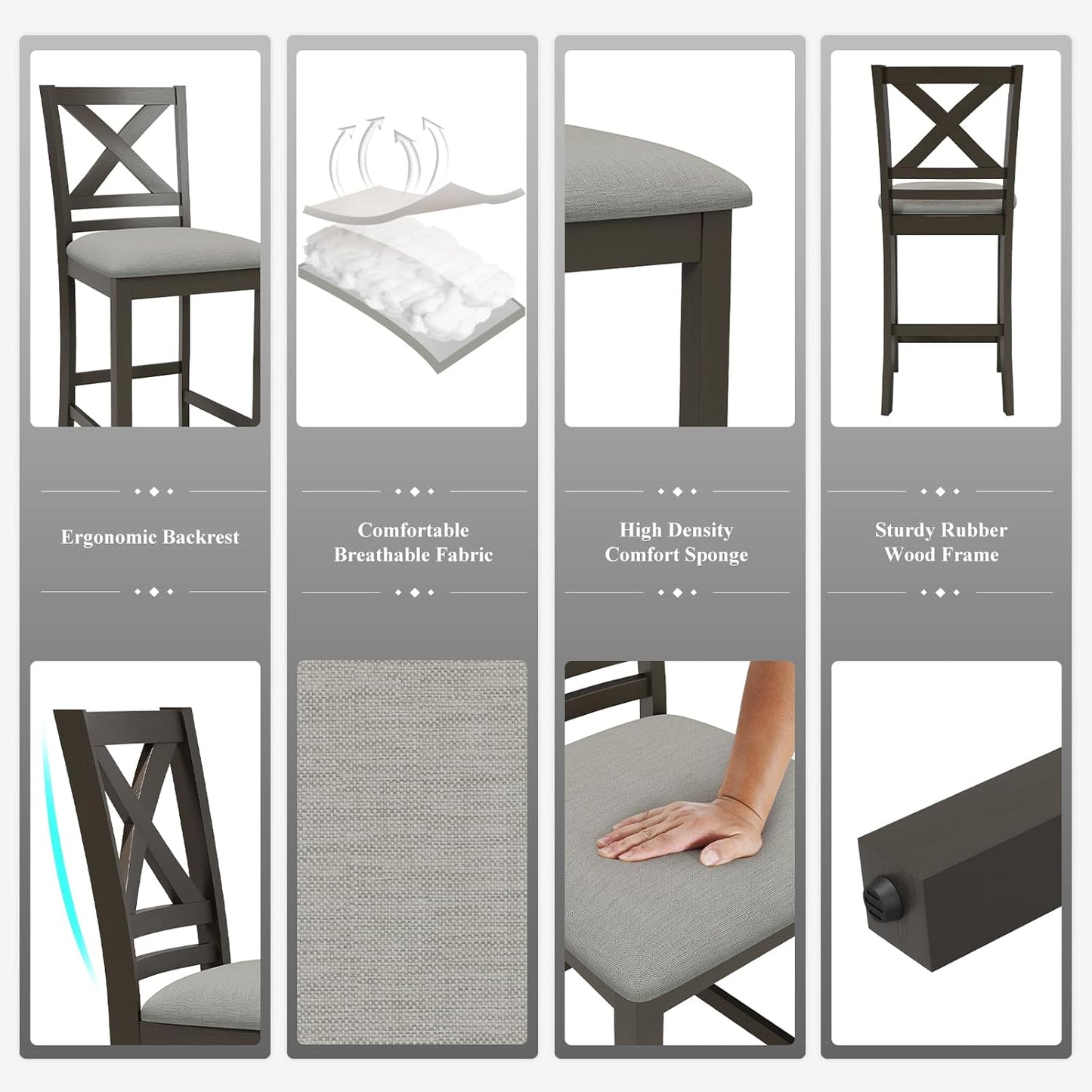 Upholstered Counter Height Bar Stools Set of 6, Modern Kitchen Island Barstools Chairs with Cross Back and Wood Legs for Dining Room Bar, Dark Grey