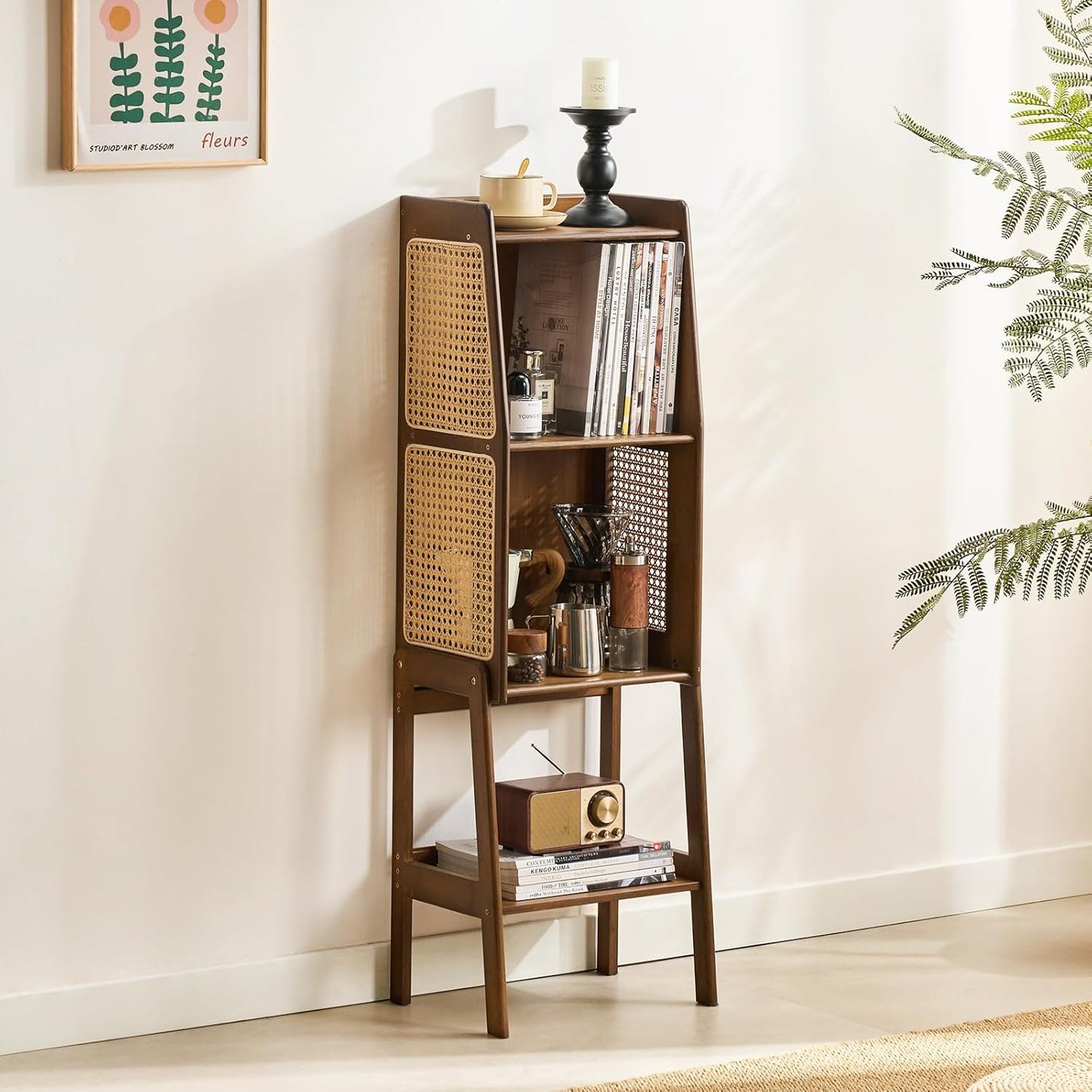 Welnow Bamboo Rattan Bookcase with Cabinet, 2-Tier Storage Shelf with Side Table & End Table Function, Large Modern Wood Organizer for Living Room or Bedroom, Walnut Bookshelf