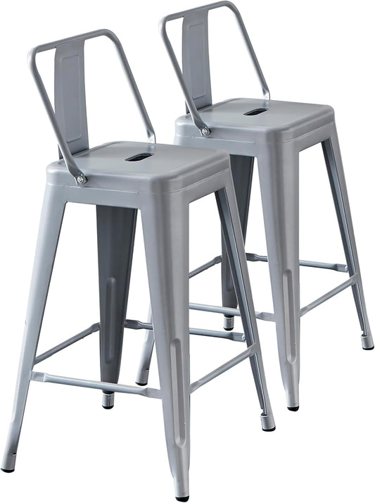 AC Pacific 24” Metal Barstool Set of 2 – Country Rustic Style with Low Back, Lightweight & Sturdy Build, Easy Assembly – Matte Silver
