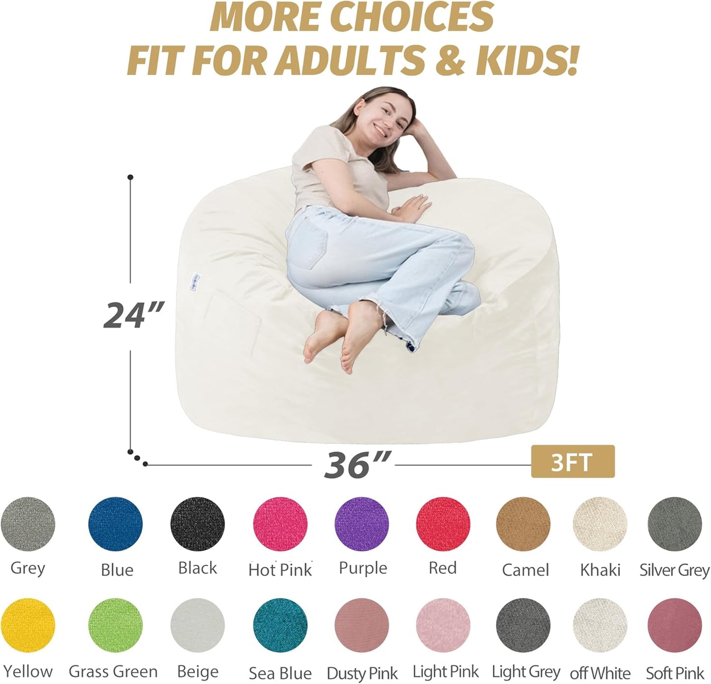 3FT Bean Bag Chair with Ultra Soft Velvet Cover Bean Bag Sofa with Memory Foam Bean Bag Chairs with Large Size Lazy Sofa for Dorm Office Living Room Bedroom Off White 3'