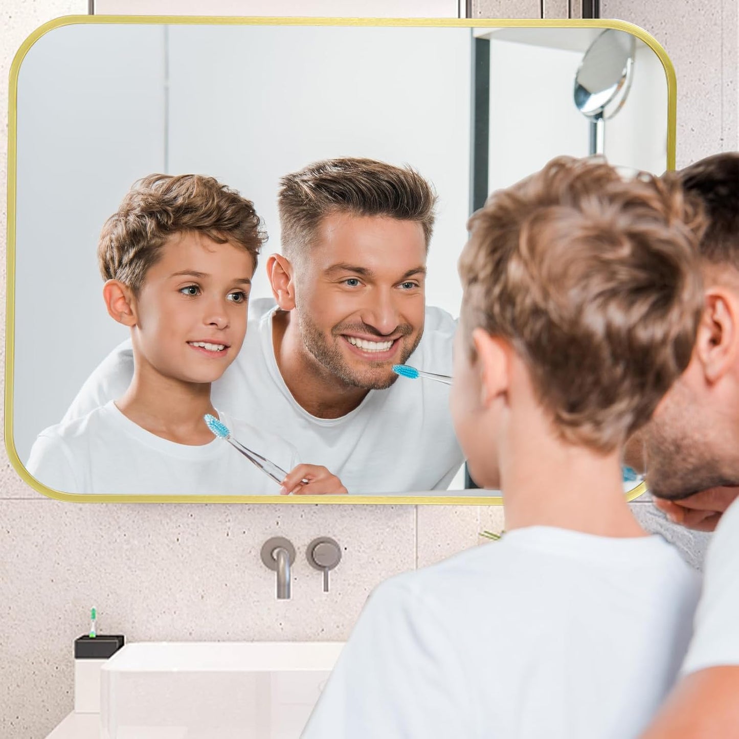 20x28 Inch Gold Mirror, Framed Rectangle Mirror with Rounded Corner, Brushed Brass Mirror, Gold Bathroom Mirror for Over Sink, Vanity, Living Room, Bedroom, Horizontal/Vertical