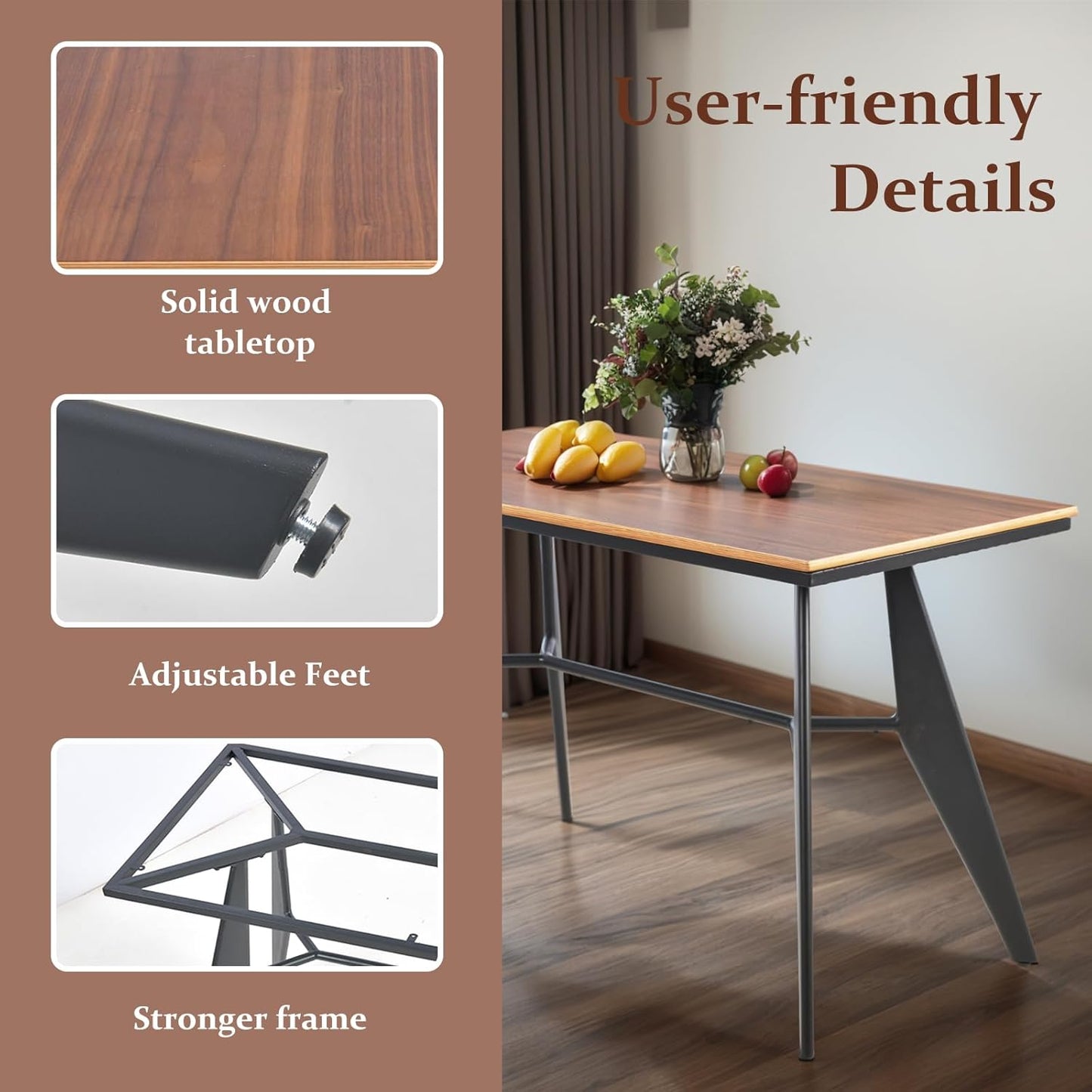 Modern Industrial Table with Heavy-Duty Steel Frame, 47.3" x 23.6" Rectangular Tabletop Walnut Oak Finish, Home Office Computer Desk, Workstation, Writing Desk, Minimalist for Small Spaces