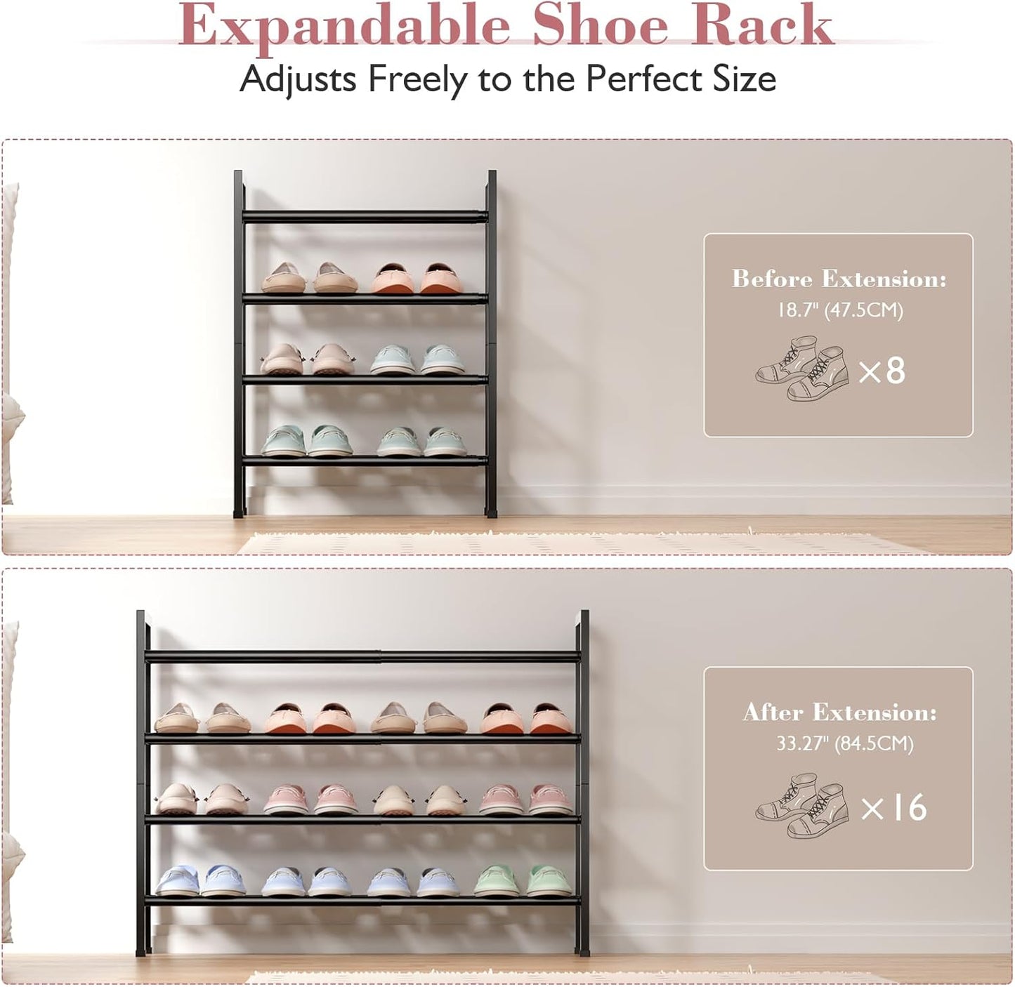 Bumusty 4-Tier Expandable Shoe Rack for Closet, 18“-33” Adjustable Shoe Rack for Small Space, Small Shoe Organizer for Front Door, Sturdy Metal, Dark Black