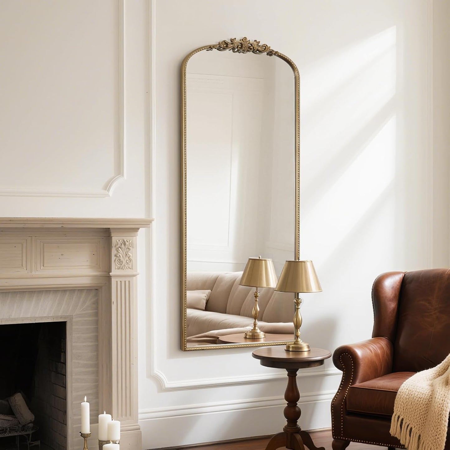 WallBeyond Arched Full Length Mirror Wall Mounted, 21x56 Inch Gold Antique Mirror, Vintage Metal Frame Full Body Mirro for Bedroom, Living Room, Hanging or Leaning