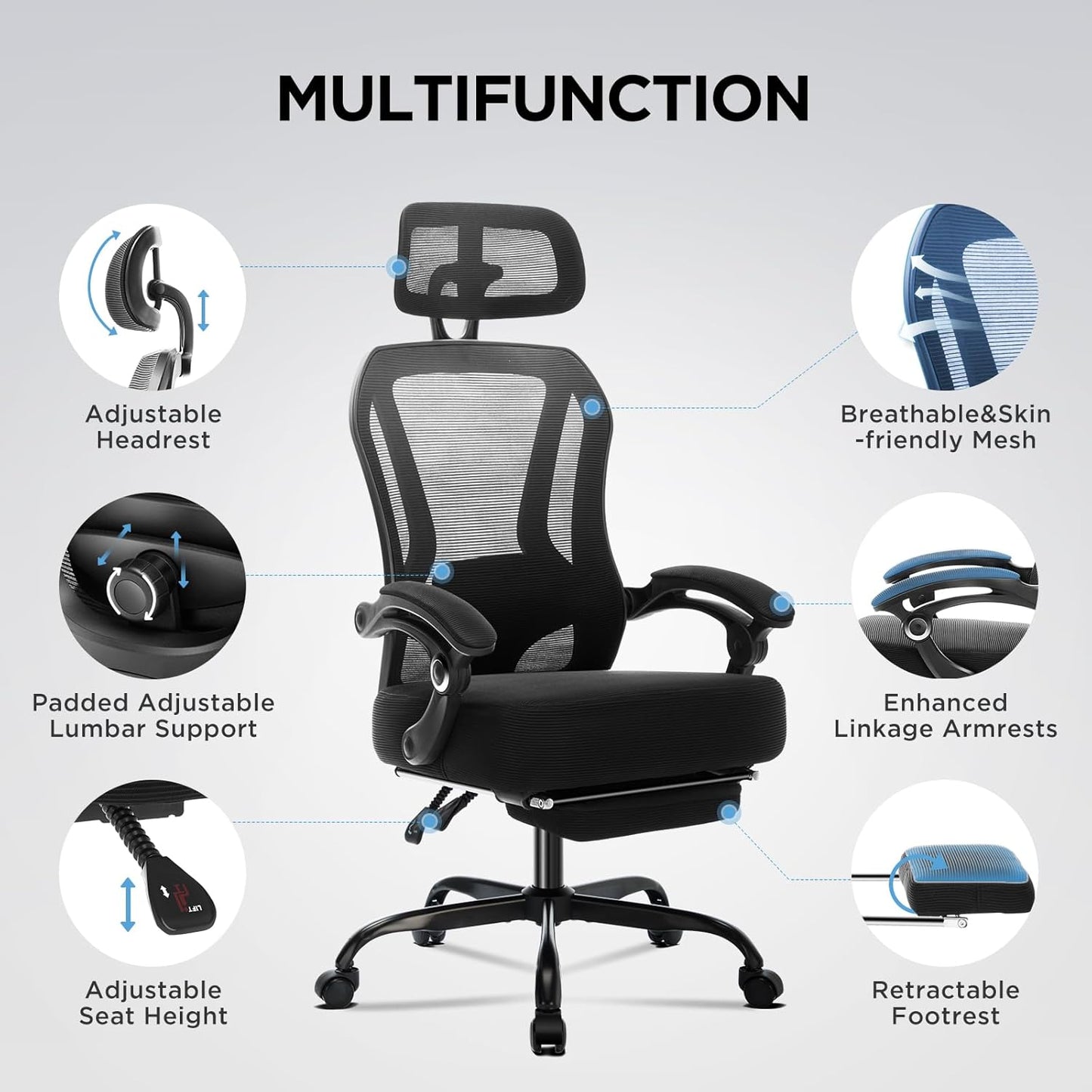 Ergonomic Office Chair with Footrest,Ultra Thick Reclining Office Desk Chair with Adjustable 2D Lumbar Support and Headrest,Spring Cushion,High Back Premium Mesh Computer Chair Office Chairs,Black