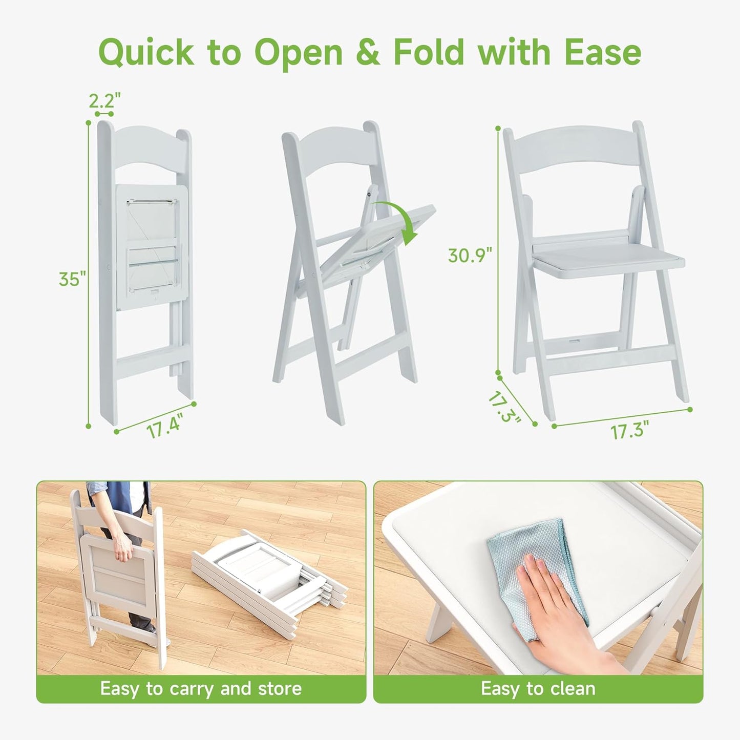 Real Relax Resin Folding Chairs, 4 Sets, White Patio Chairs with PVC Padded Seats 330LB Capacity for Camping, Banquets, Weddings, Church and Events