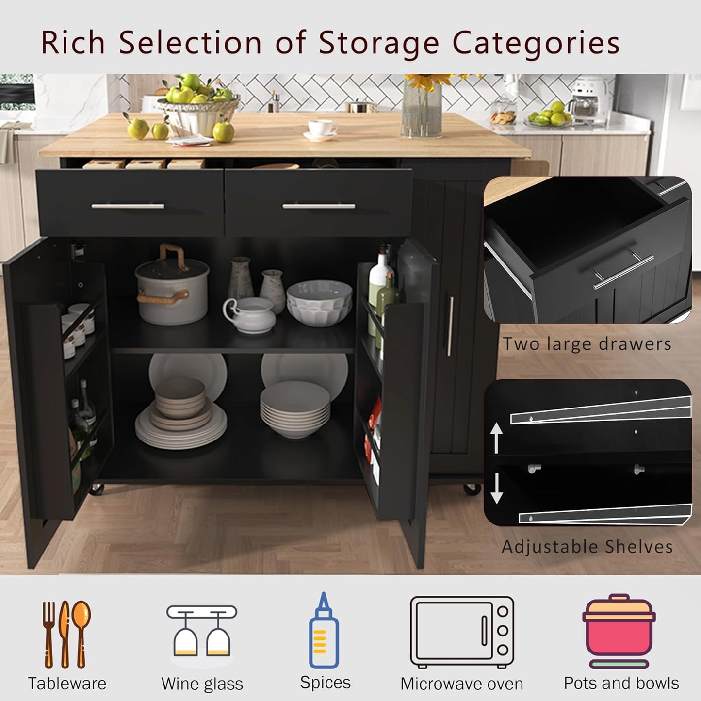 46" Kitchen Island with Drop Leaf,Dining Storage Cart W/ 3 Tier Pull Out Cabinet Organizer & Internal Storage Rack,Rolling Cart on Wheels W/Towel Rack & 2 Drawers,for Kitchen,Black