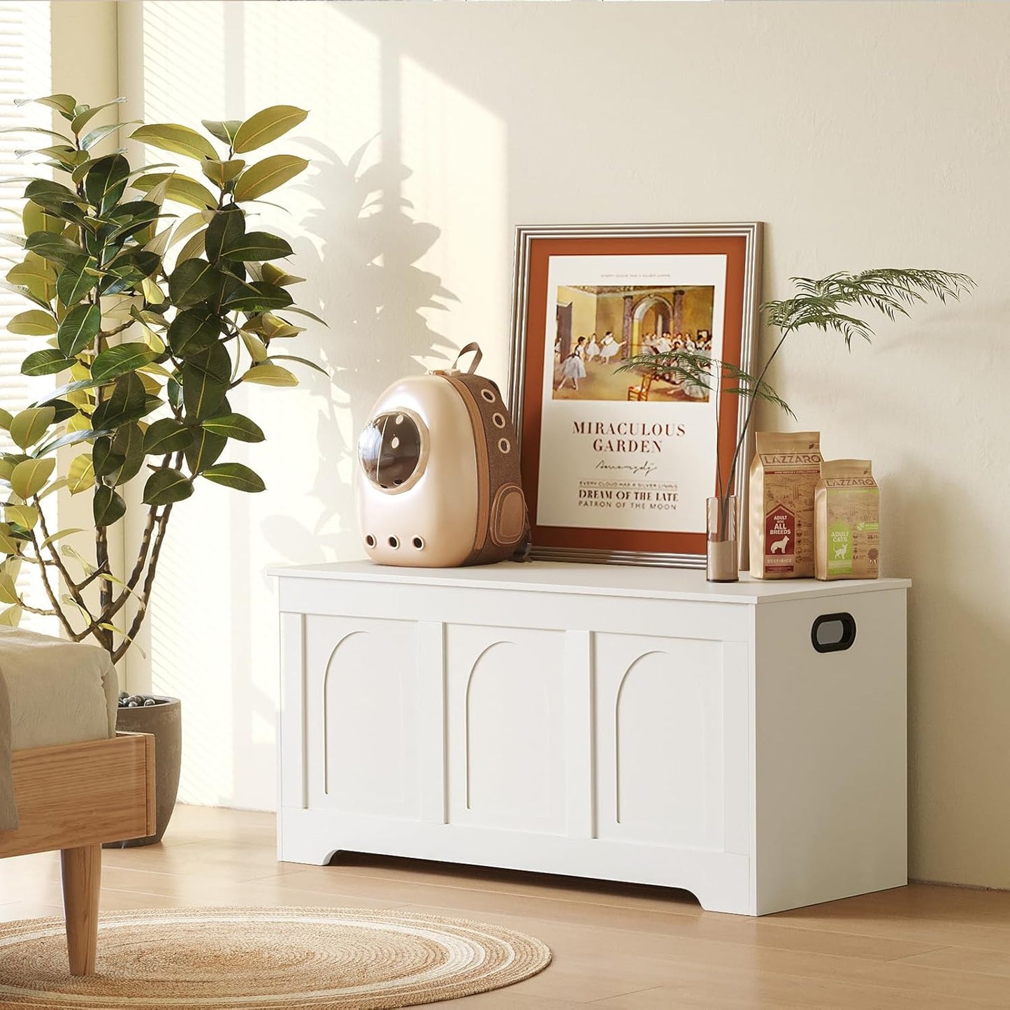 DINZI LVJ Storage Chest, 39.4”Wooden Storage Box with 2 Safety Hinges, Entryway Shoe Bench with Flip-Top, Trunk for Living Room, Bedroom, Easy Assembly, White