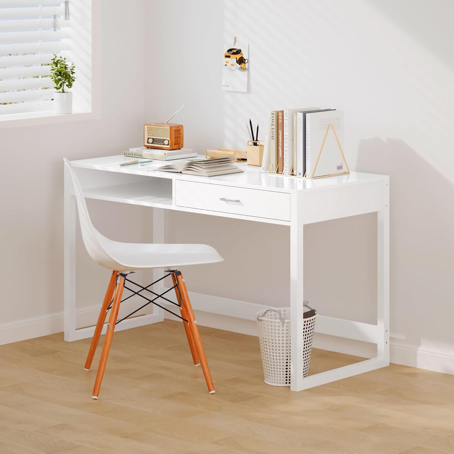 4NM 43.3" Computer Desk with Drawer, Morden White Home Office Desk, Study Writing Table with Storage for Small Spaces,Vanity Desk Makeup Table for Bedroom- White