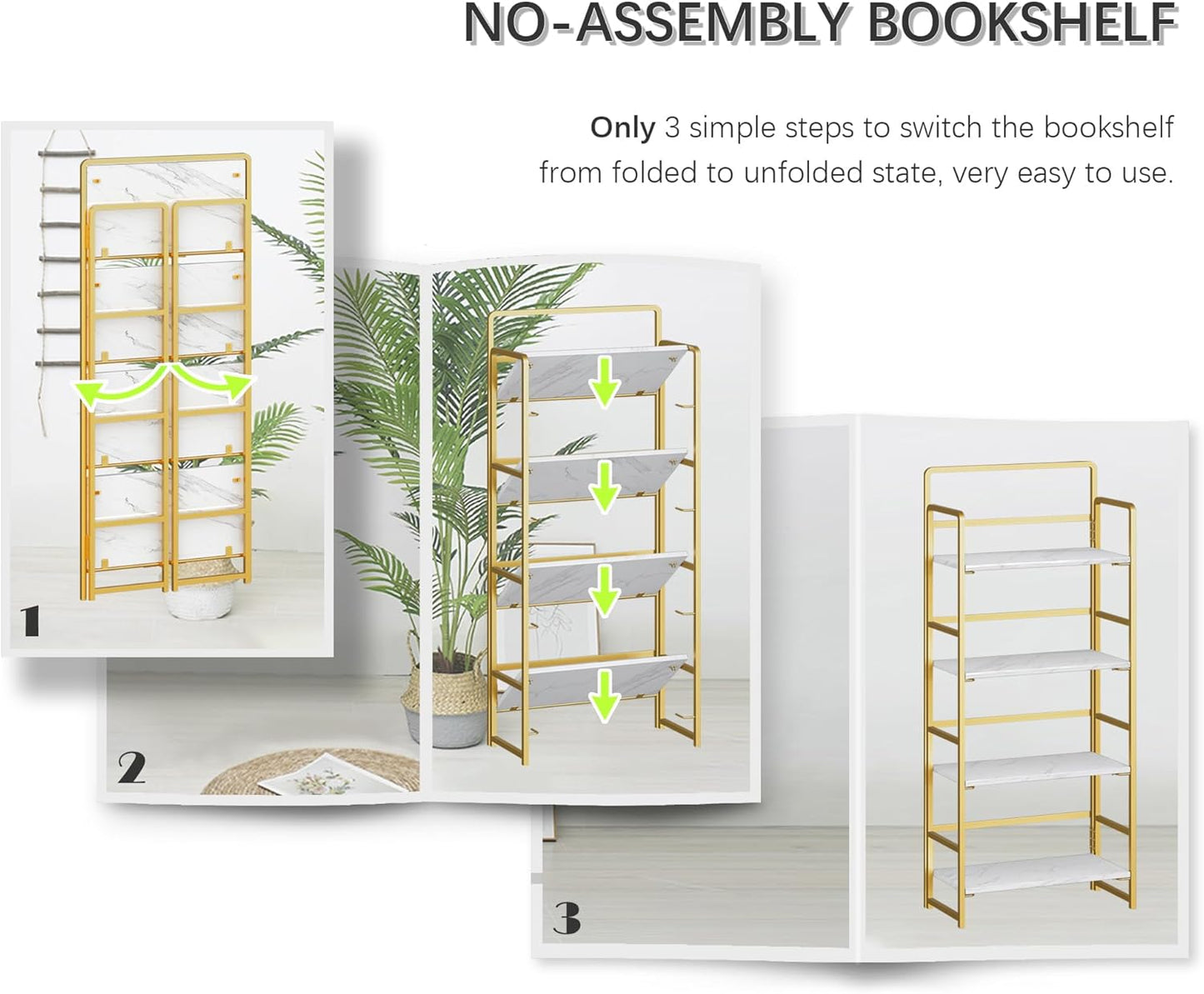 4NM No Assembly Folding Bookshelf, 4-Shelf 54" H Collapsible Foldable Bookcase Storage for Small Spaces, White and Golden