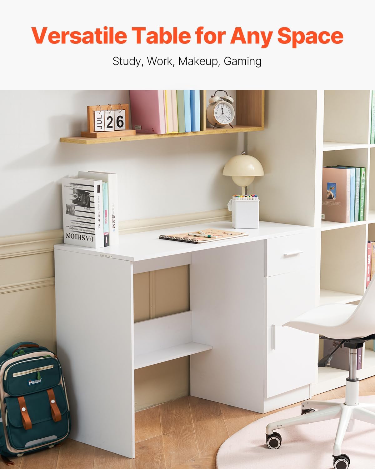 VEVOR Small Desk with Drawers, Wooden Table for Home Office, Small Computer Desk with Storage, Vanity Desk with Drawers, Study Table for Adults/Students for Drawing, Reading, Writing, White