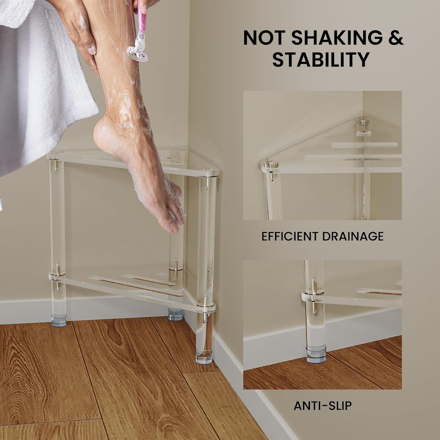 Acrylic Corner Shower Stool for Shaving Legs 11.42" D X 11.42" W X 14.37" H, Triangle Shower Foot Rest with Storage Shelf, Heavy Duty, for Inside Shower,