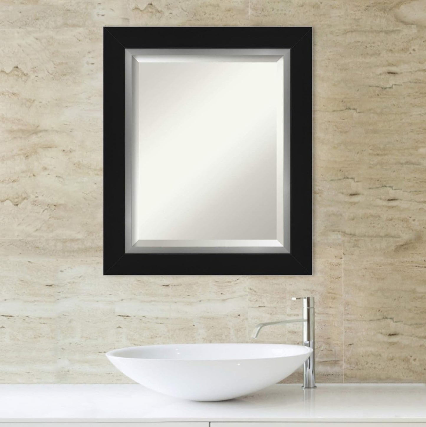 Amanti Art Black Bathroom Mirror for Over Sink, 26x22 Eva Black Silver Rectangle Vanity Mirror, Small Modern Contemporary Frame, Hangs Horizonally and Vertically, Bathroom Wall Decor, Beveled Edge