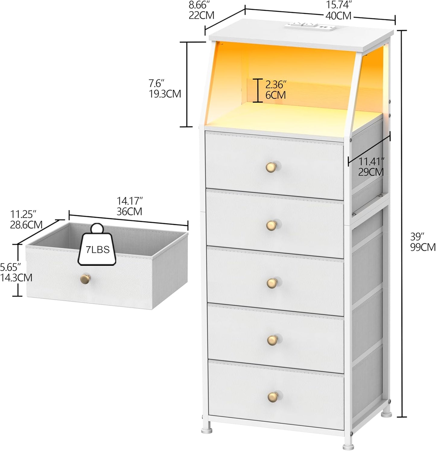 Tohomeor Dresser with Fabric Drawers Nightstand with 2 Tier Shelf Storage Tower for Bedroom Hallway Entryway Closet Organizer Sofa Beside Table Furniture (White, 5 Drawers)