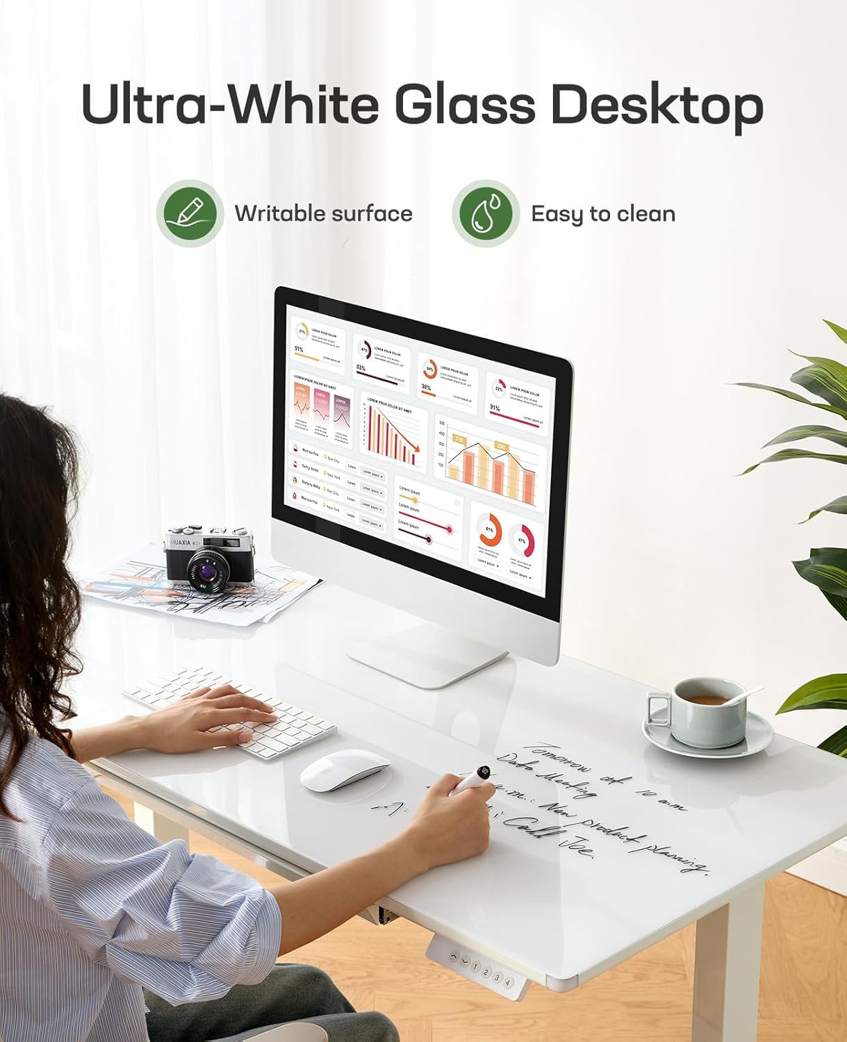 Marsail Glass Standing Desk with Drawer, 55 x 28 Inches Adjustable Desk, Home Office Desks with One-Piece Tempered Glass Top, Ergonomic Home Office Sit Stand Desk with 4 Preset Heights, White