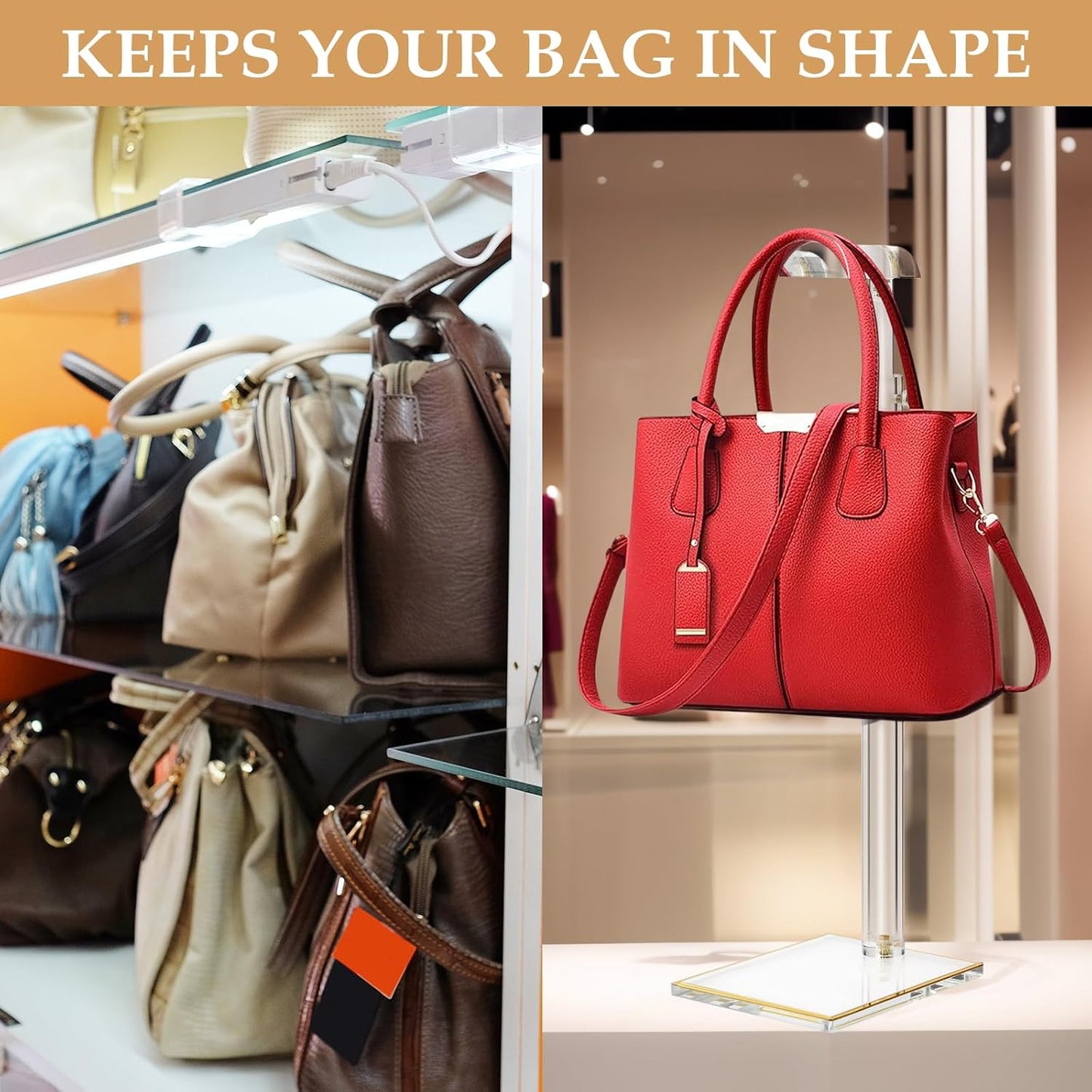 Acrylic Purse Display Stands, 14"-24" Adjustable Height Handbag Holder, Clear Purse Rack Stands for Closet Retail, Durable Gold Trim Bag Stand Hanging Wallet Jewelry Necklace Organizer