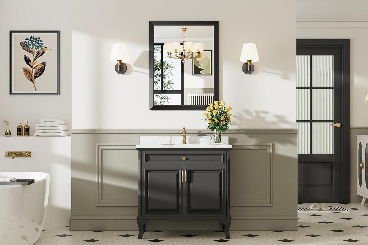 28x36 Inch Black Bathroom Mirror for Wall, Thick Metal Framed Rectangle Mirrors for Over Sink, Bedroom, Living Room, Entryway, Anti-Rust, HD Tempered Glass