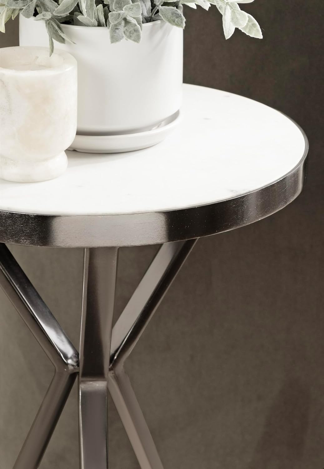 Kate and Laurel Gribben Modern Round Marble Side Table, 14 x 14 x 24, White and Gray Gunmetal, Tripod-Base Bedside Table for Display and Storage as a Bedroom Nightstand or Living Room Accent