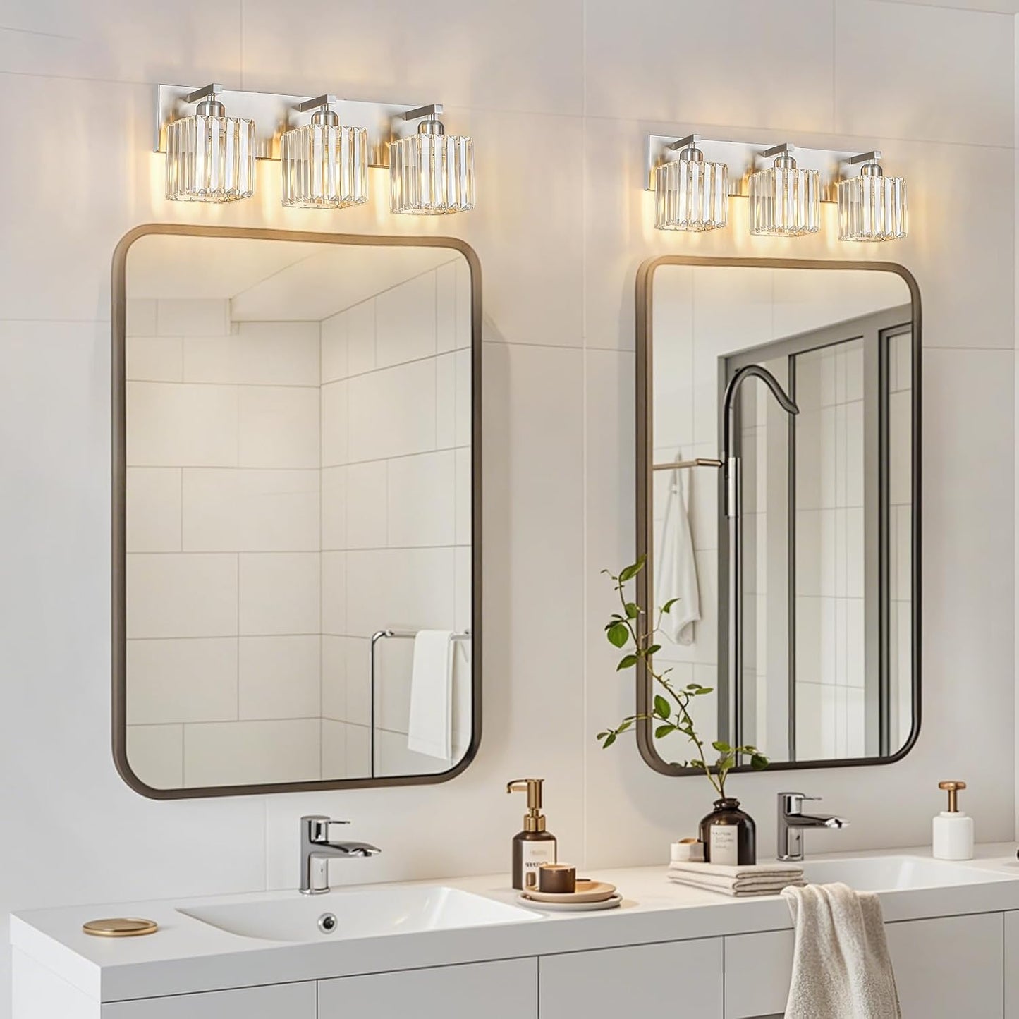 Modern Vanity Light 3-Lights Brushed Nickel Vanity Light Crystal Bathroom Wall Light Bathroom Light Fixtures