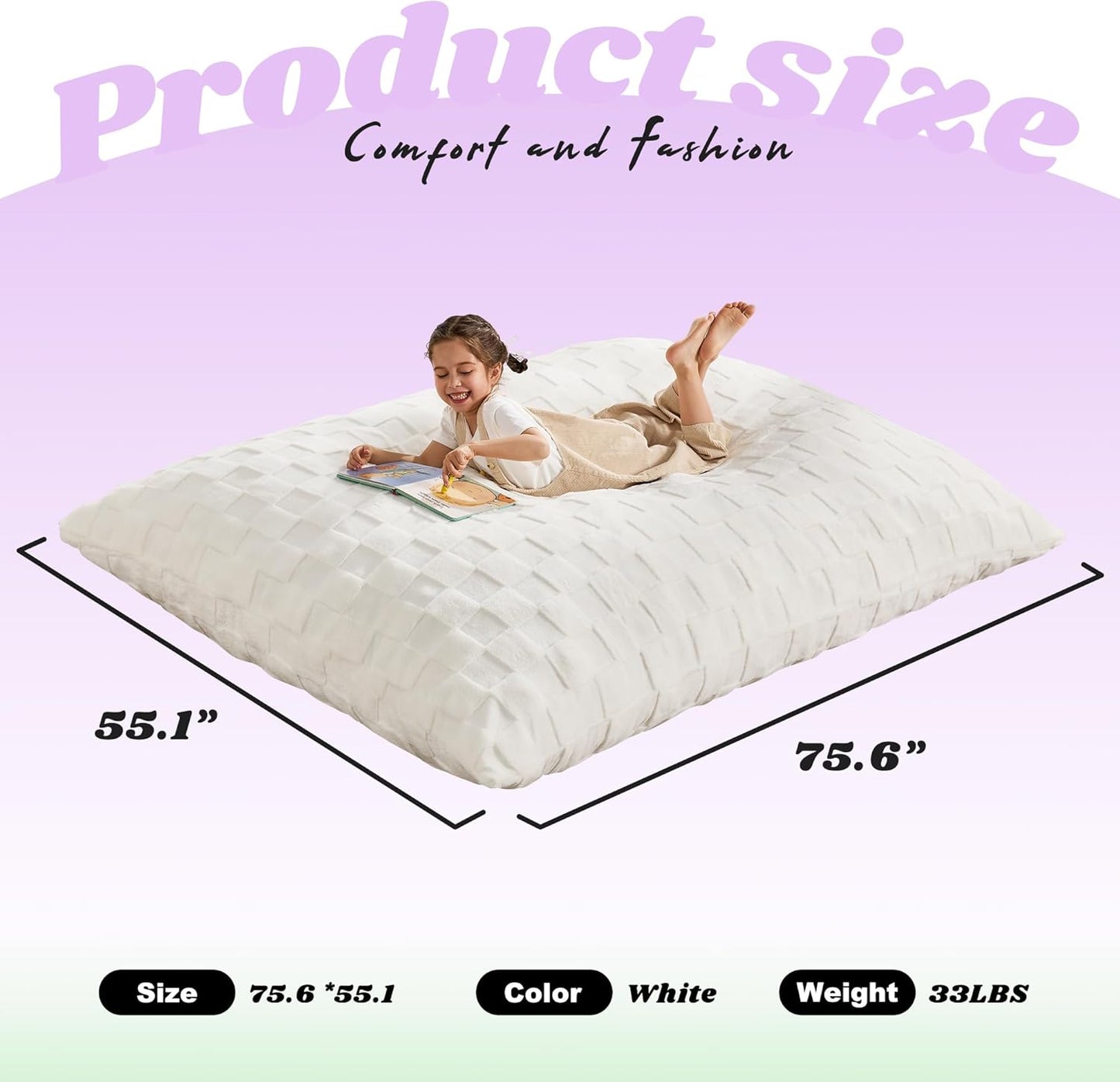 Hobestluk 3 in 1 Bean Bag Chair Giant Bean Bag Chairs for Adults with Plaid Cover Convertible Bean Bag Floor Cushion with Machine Washable Cover for Living Room (Plaid White)