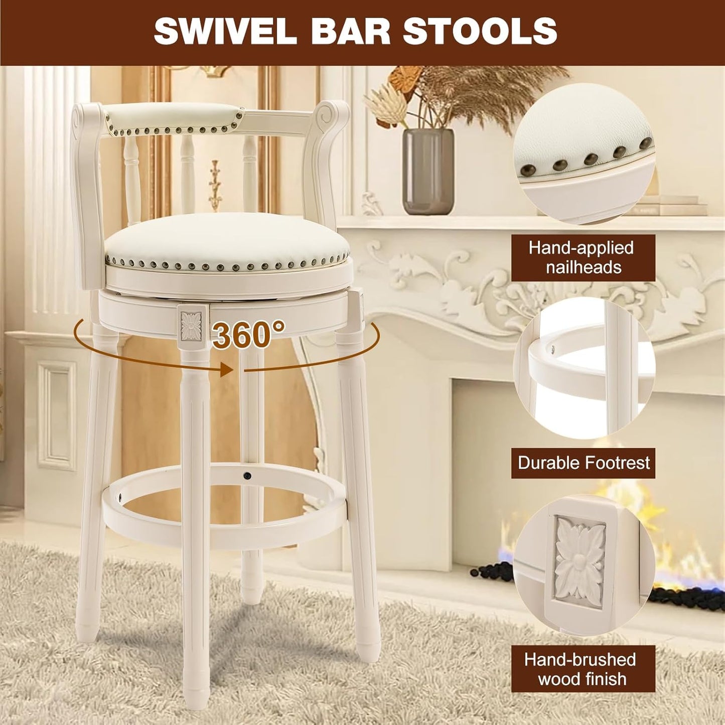 CozyRain Bar Stools Modern Swivel Barstools, Kitchen Counter Genuine Leather Upholstered Bar Stool Island Barstool with Footrest for Home Kitchen Dining Room (White, Seat Height 29.5 in)