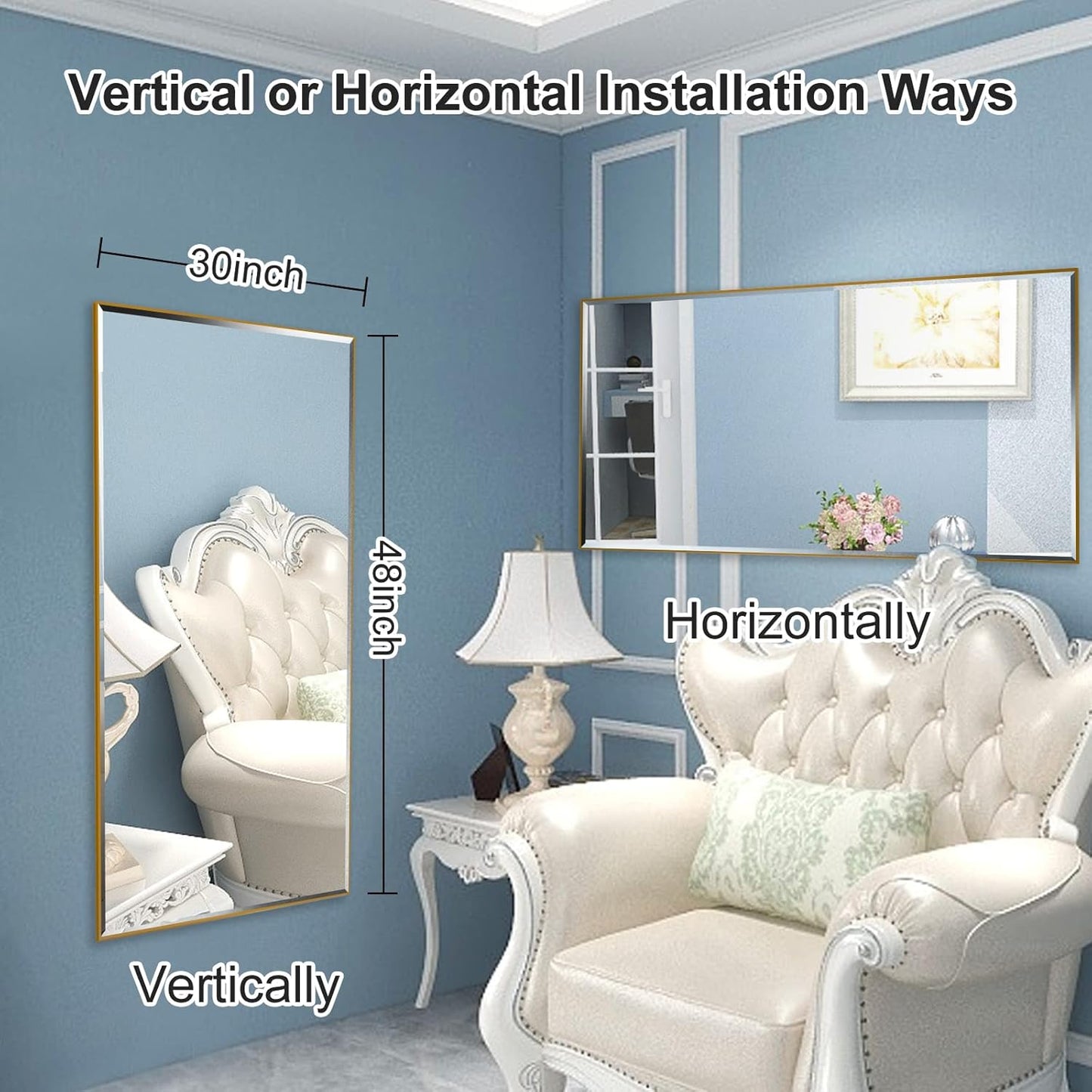 30x48 Inch Black Mirror with Beveled Trim, Aluminum Frame Bathroom Vanity Mirror, Copper-Free Mirror, Rectangle Wall Mounted Mirror, Modern Rectangular Mirror Horizontal or Vertical