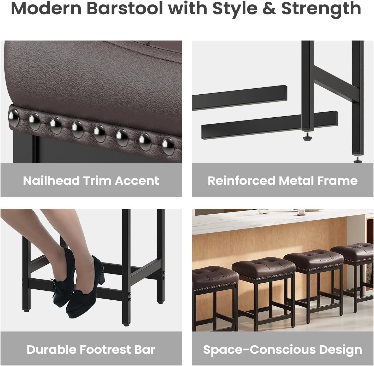 MALOL Set of 6 Saddle Bar Stools Counter Height 24.4”, Backless Barstools for Kitchen Island, Modern PU Leather Cushioned Seat, Bar Chairs for Kitchen Counter, Breakfast Bar Stools for Home,Brown