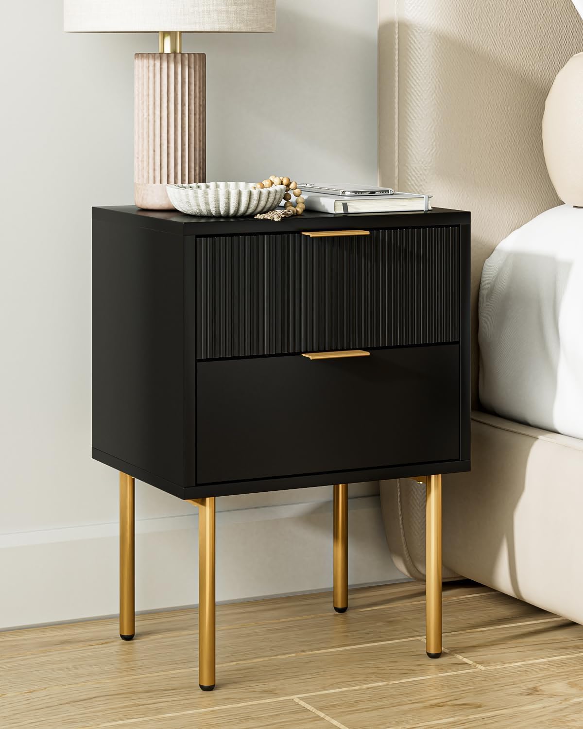 Nightstand,Small Bedside Table with Gold Frame,Morden Night Stand with 2 Drawer,End Table,Side Table with Drawer and Shelf for Bedroom,Living Room, Black