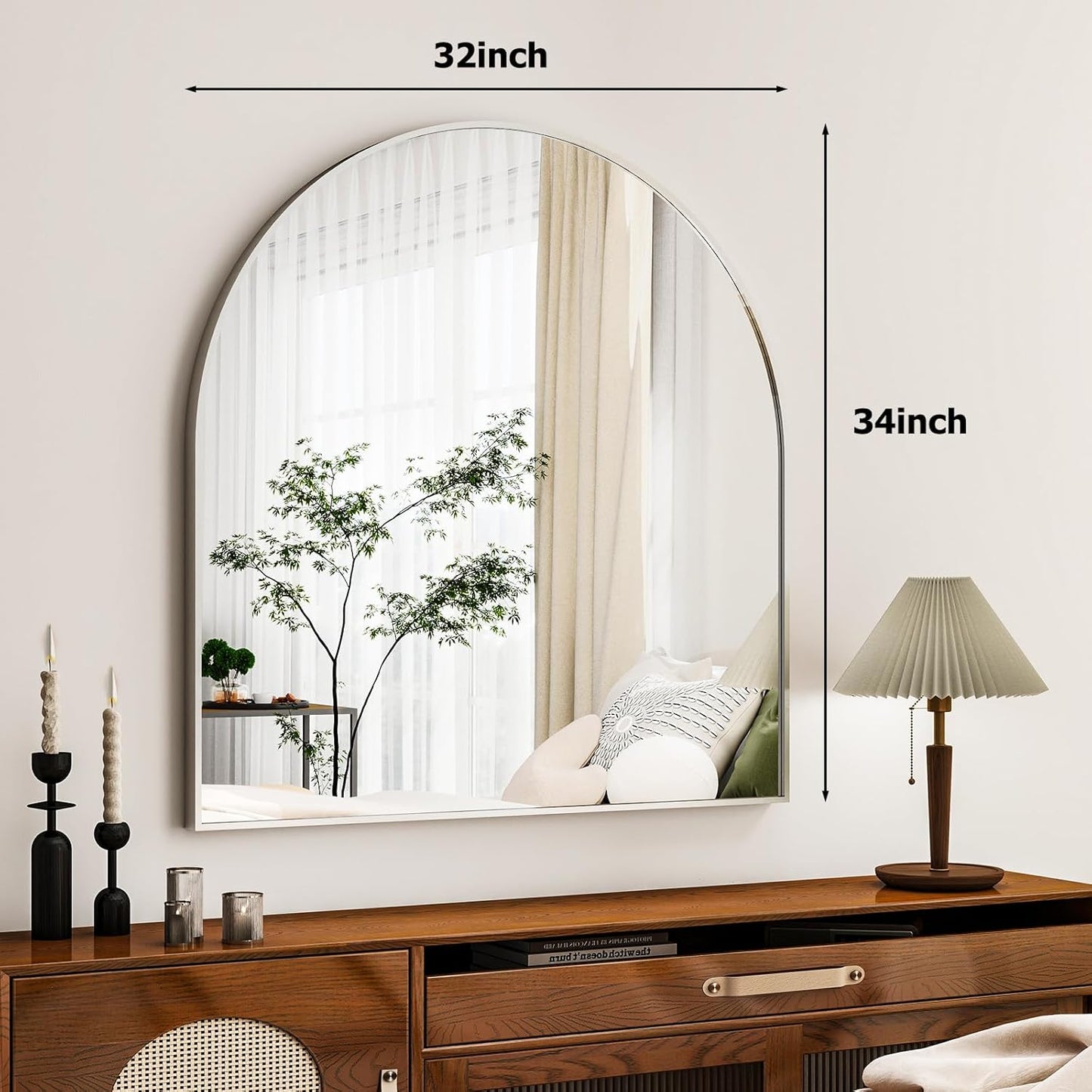 Arched Bathroom Mirror, 32x34 Inch - Wall Mounted Vanity Mirror with Aluminum Alloy Frame - Ideal for Living Room, Bedroom, Bathroom, and Entryway, Hanging or Leaning,Sliver