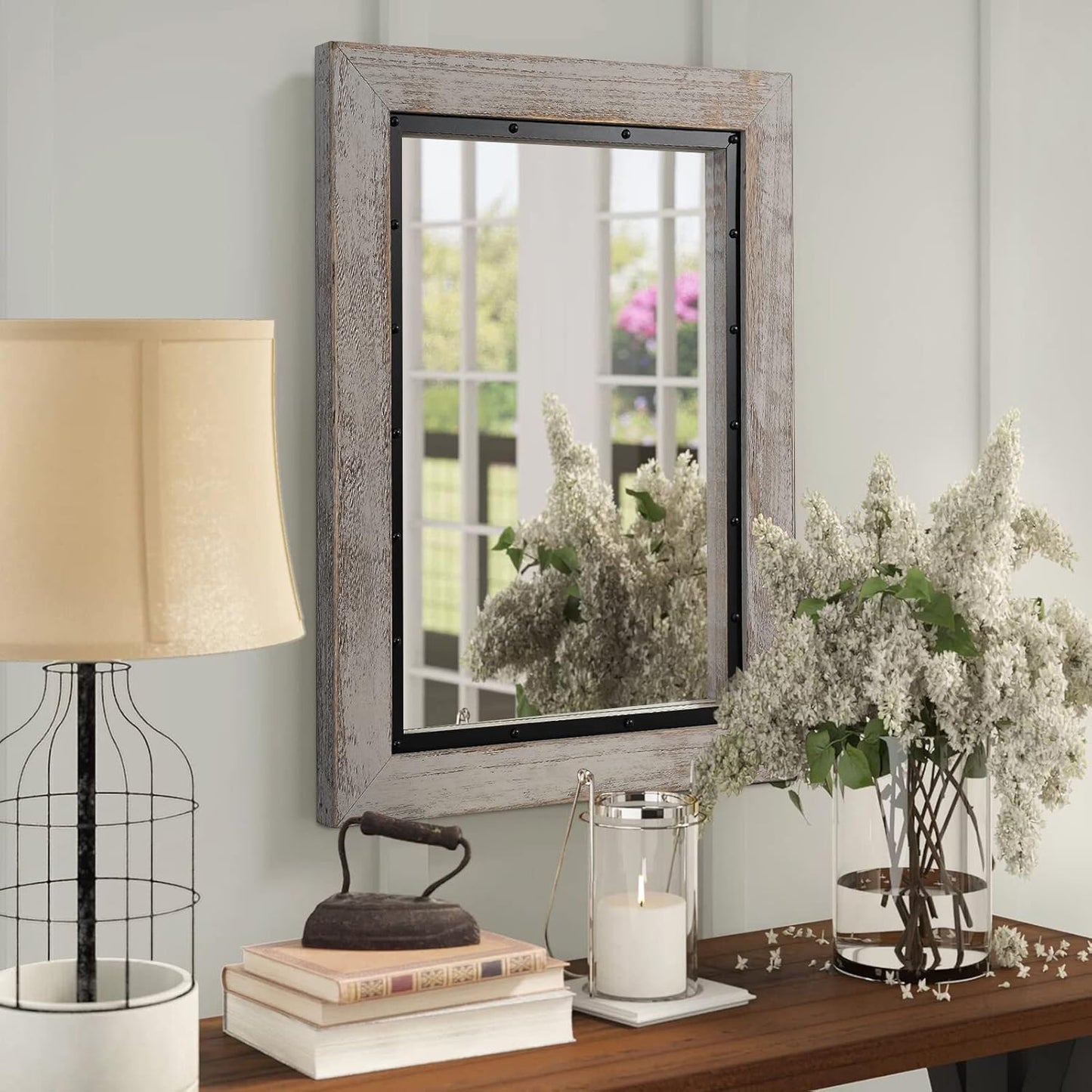 YOSHOOT Rustic Wooden Framed Wall Mirror, Natural Wood and Iron Bathroom Vanity Mirror for Farmhouse Decor, Vertical or Horizontal Hanging, 60" x 36", Grey