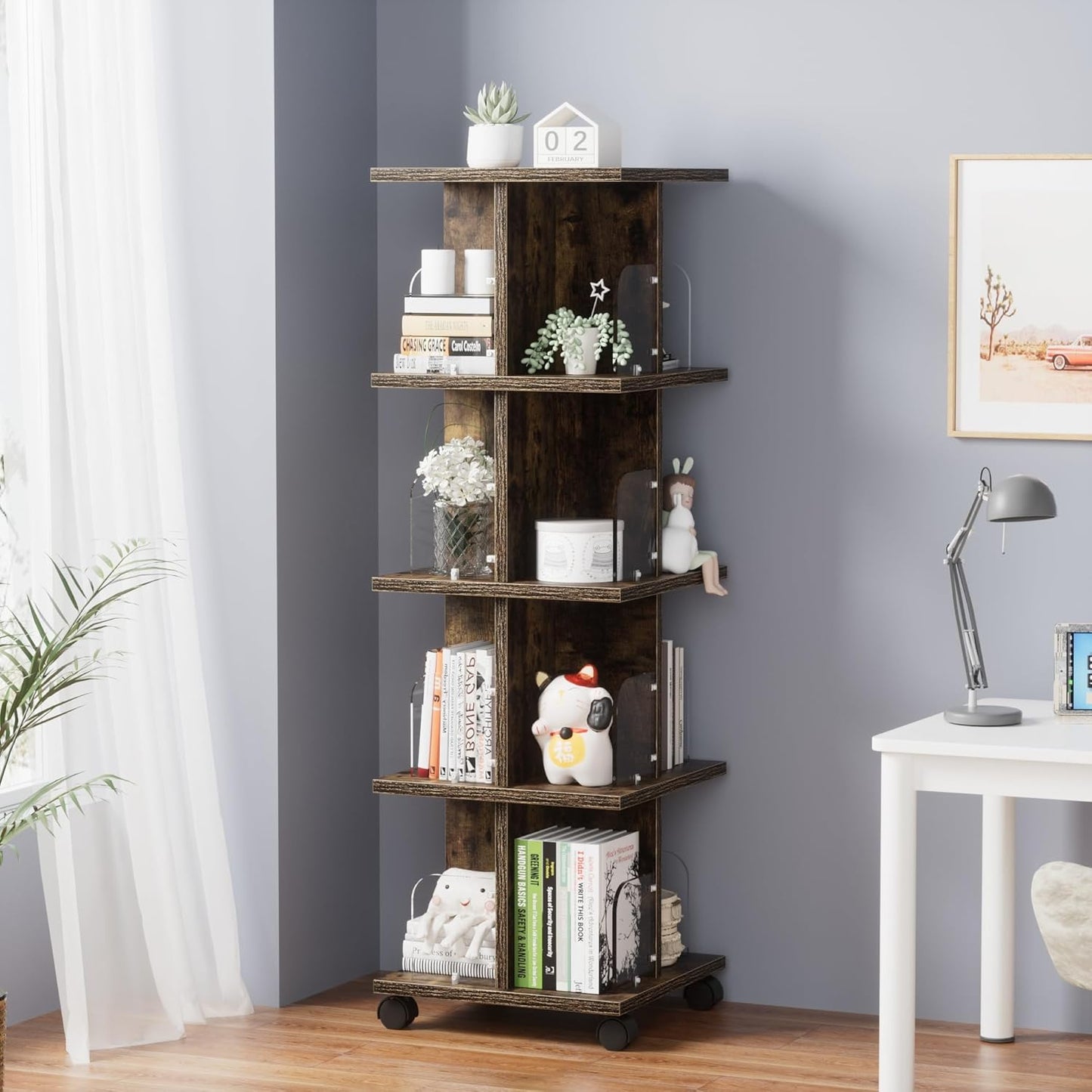 VECELO 4-Tier Rotating Bookshelf, Modern Swivel Bookcase, Vintage Book Shelf for 360° Display, Stackable Shelves Floor-Standing Storage for Home Office, Solid Wood, Smooth Spinning, Brown
