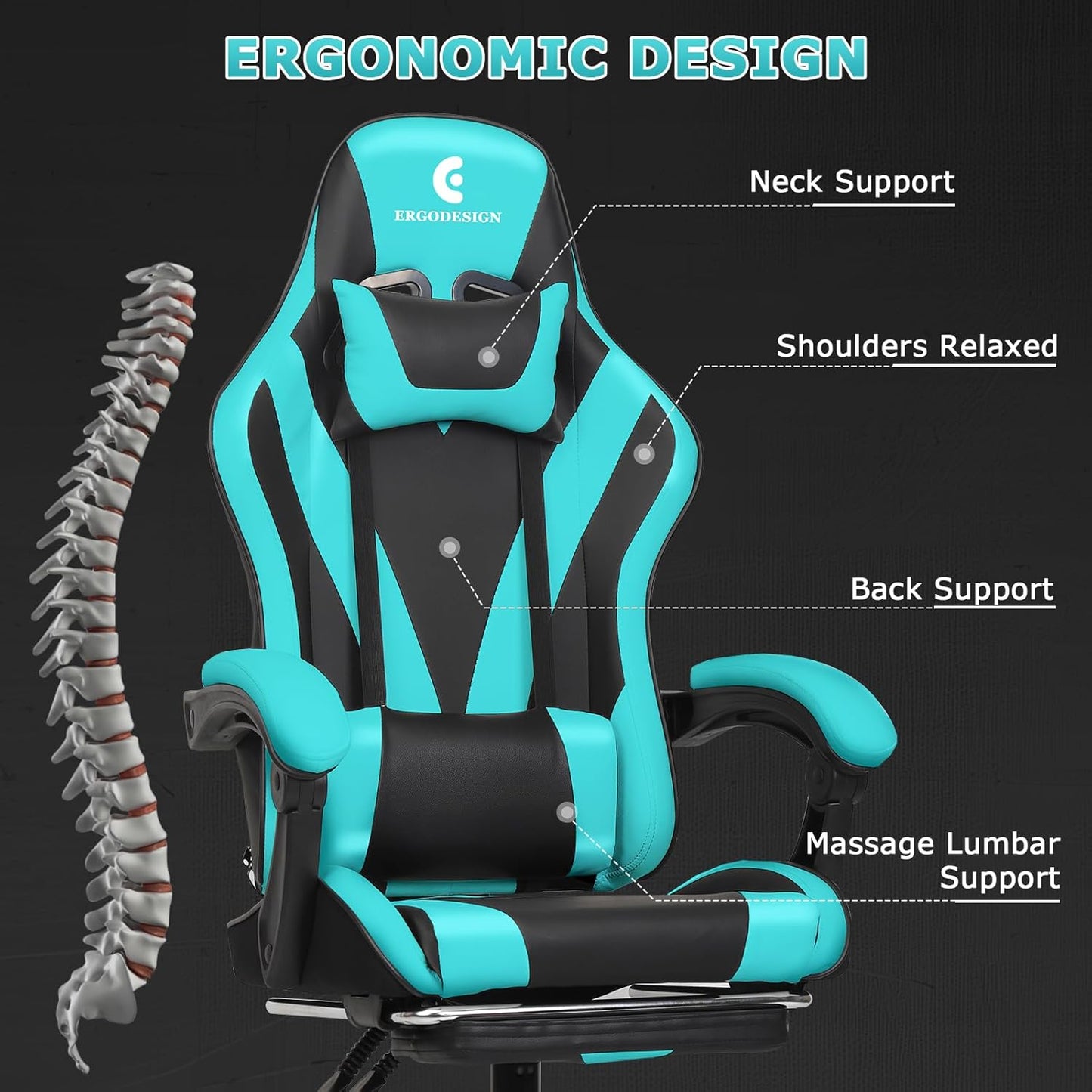 Gaming Chair with Linkage Armrest & Footrest, High Back Video Gaming Chair, Black/Light Blue
