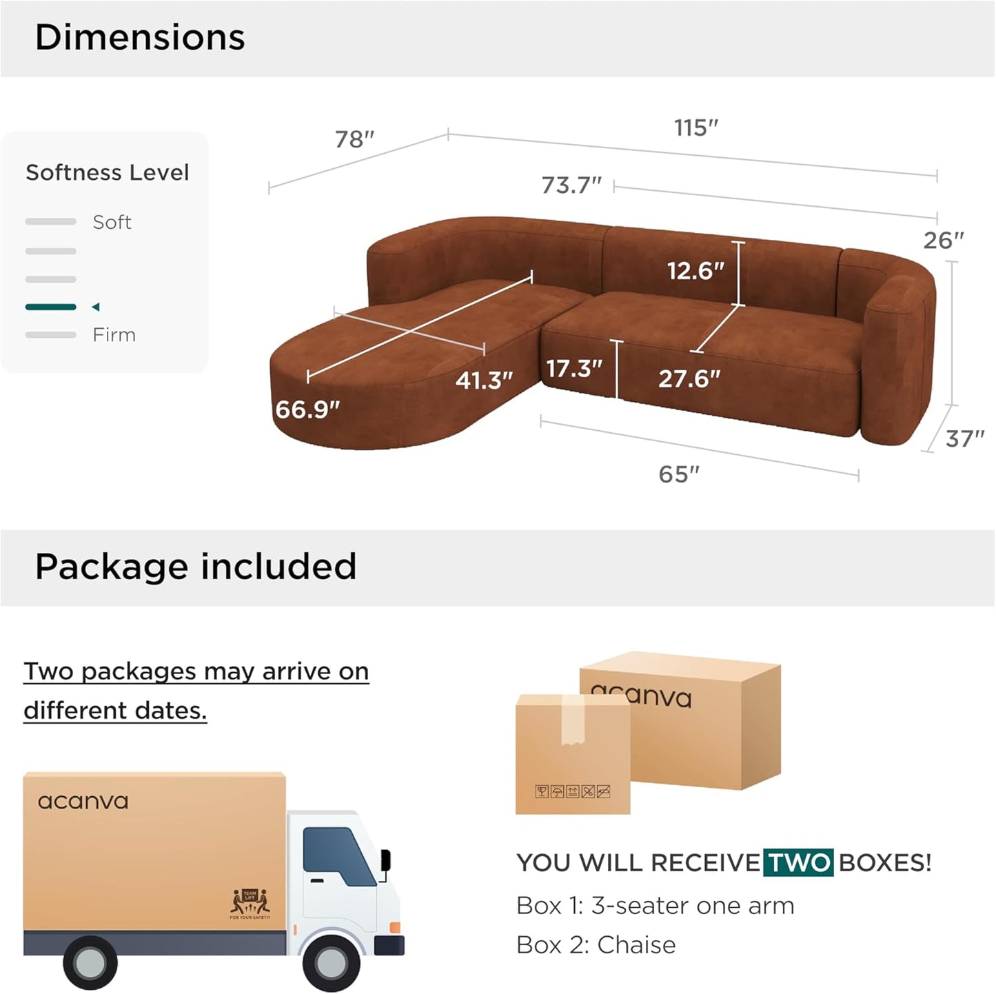 Acanva Luxury Modern Tight Curved Back Velvet Sofa, Minimalist Style Comfy Couch for Living Room Apartment, L-Shape Left Chaise, Tangerine