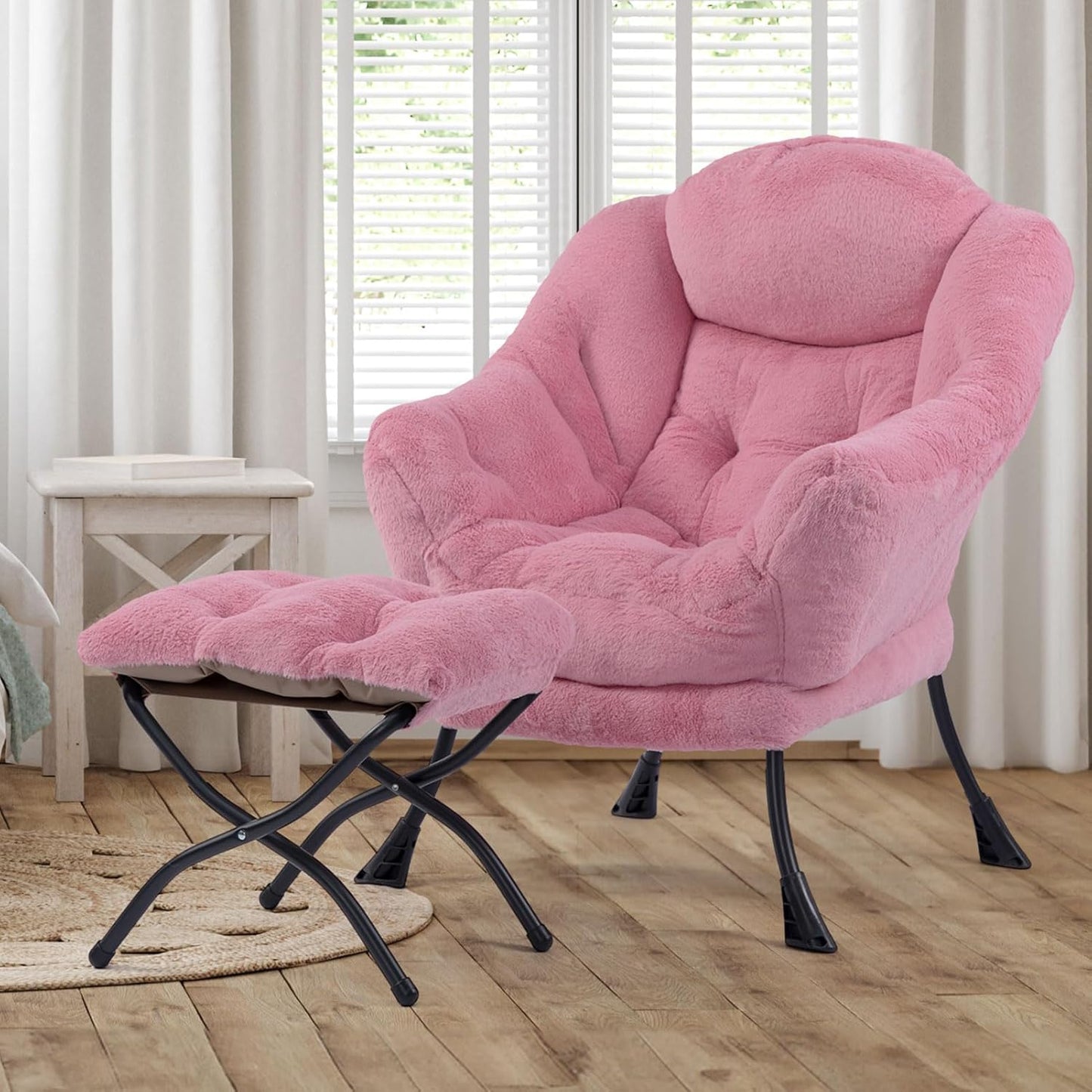 HollyHOME Fabric Lazy Chair with Foldable Ottoman, Accent Comfy Lounge Arm Chair and Folding Footrest Stool Set, Leisure Sofa Reading Chair and Footstool for Living Room, Bedroom, Dorm, Pink