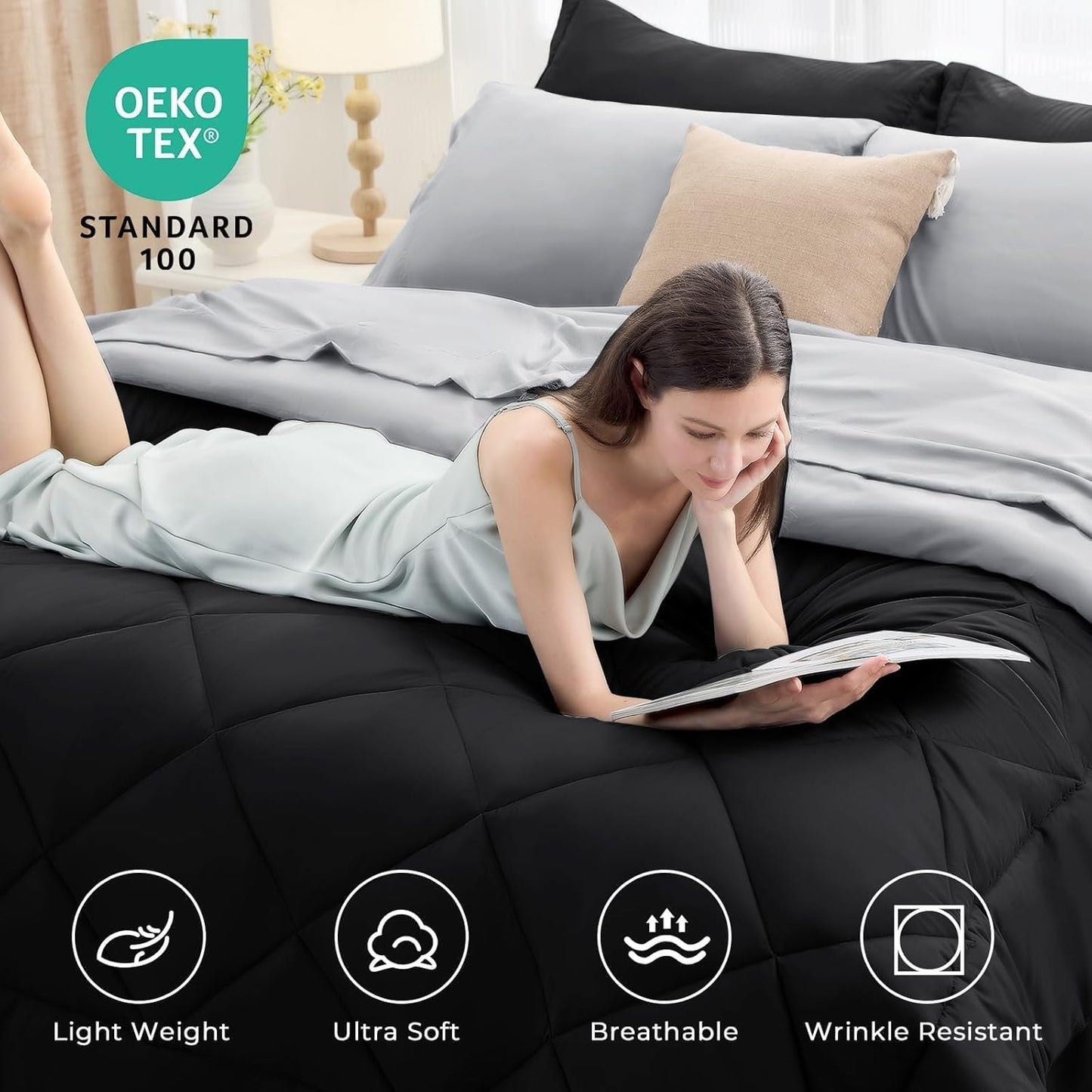 HEVUMYI Full Comforter Set - 7-Piece All Season Bed in a Bag Full, Ultra Soft Bedding Set with Comforter, Flat Sheet, Fitted Sheet, Pillowcases, Pillow Shams, Black & Light Grey