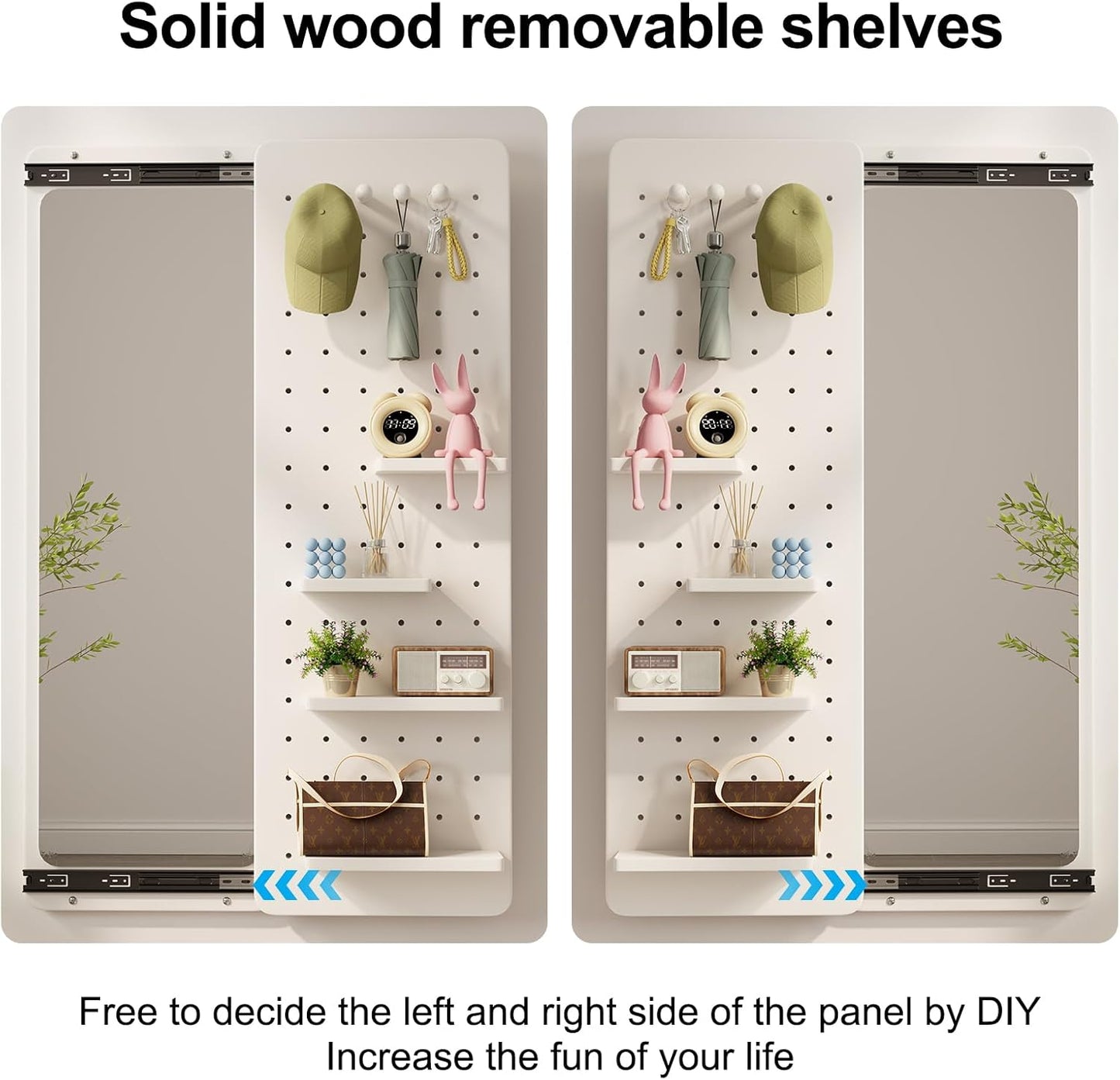 KungFuWood Full Length Mirror with Shelf and Hooks,Entry Way Mirrors for Wall,Wall Mirror with Shelf,Wall Mirror with Storage Multifunctional Design Panel,Living Room