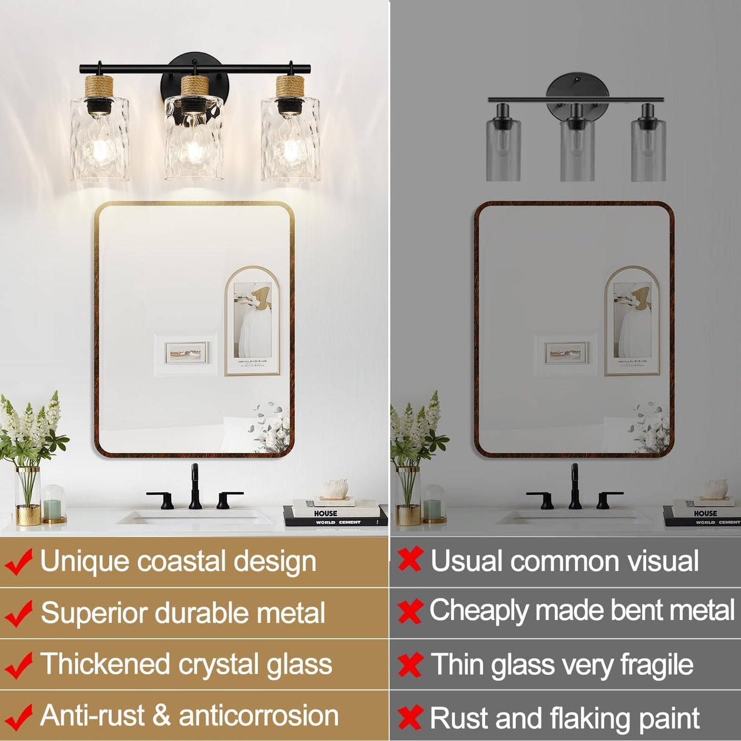 2025 Upgrade Bathroom Light Fixtures, 3-Light Coastal Vanity Lights with Crystal Glass Shade, Black Bathroom Wall Lamp for Mirror Kitchen Hallway Cabinet