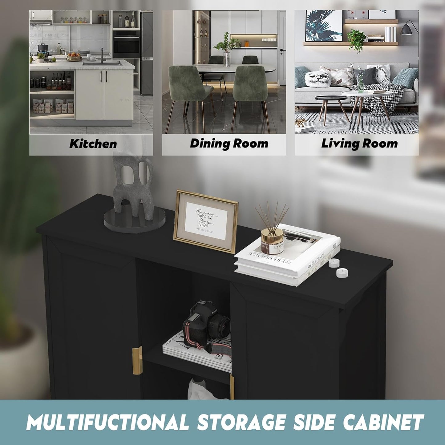 TaoHFE Black Buffet Cabinet,Modern Narrow Sideboard Buffet Cabinet Wooden Side Table with Storage,Black Accent Cabinets for Living Room